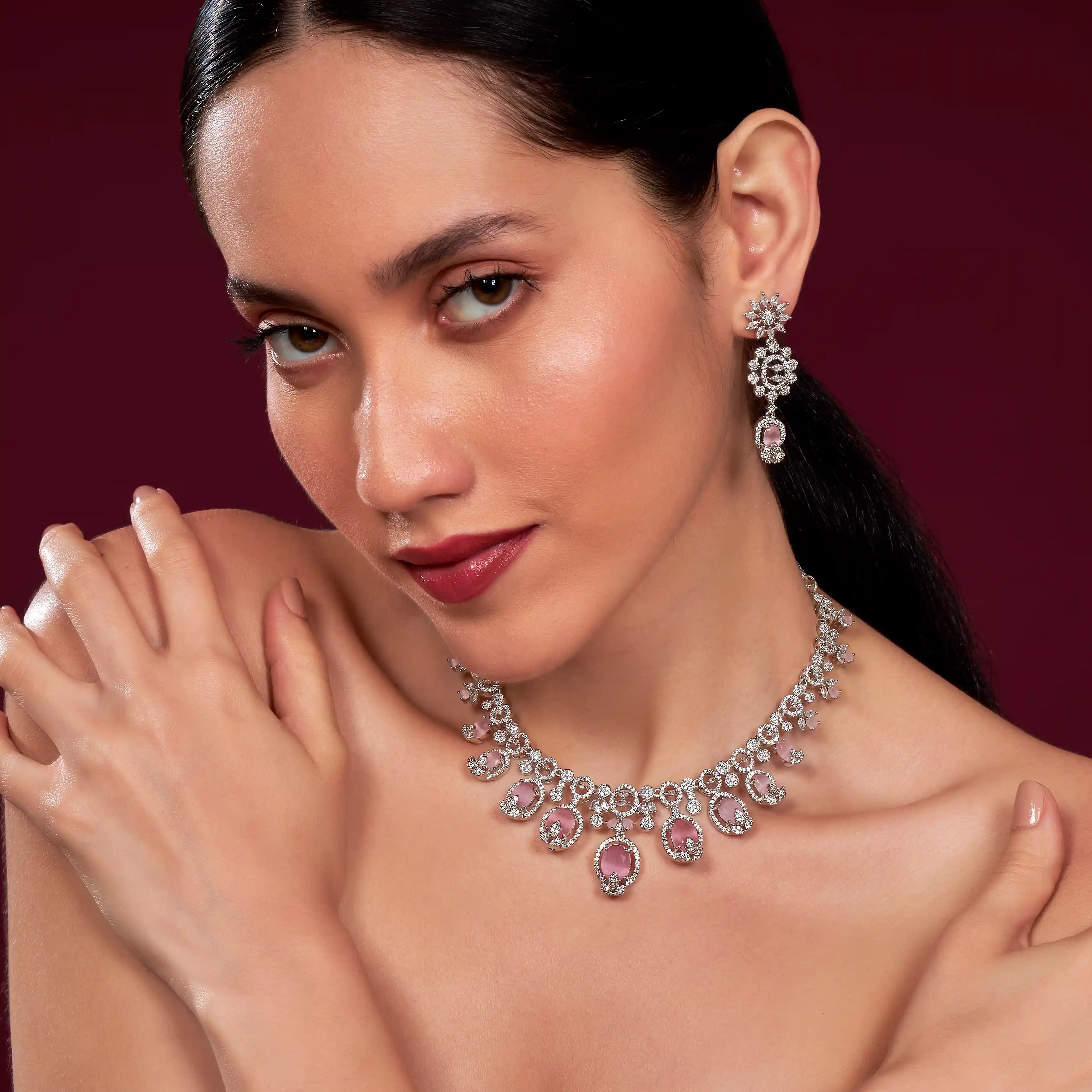 VELISEA Pink Teardrop Cubic Zirconia American Diamond Necklace Set | Statement Jewelry for Women