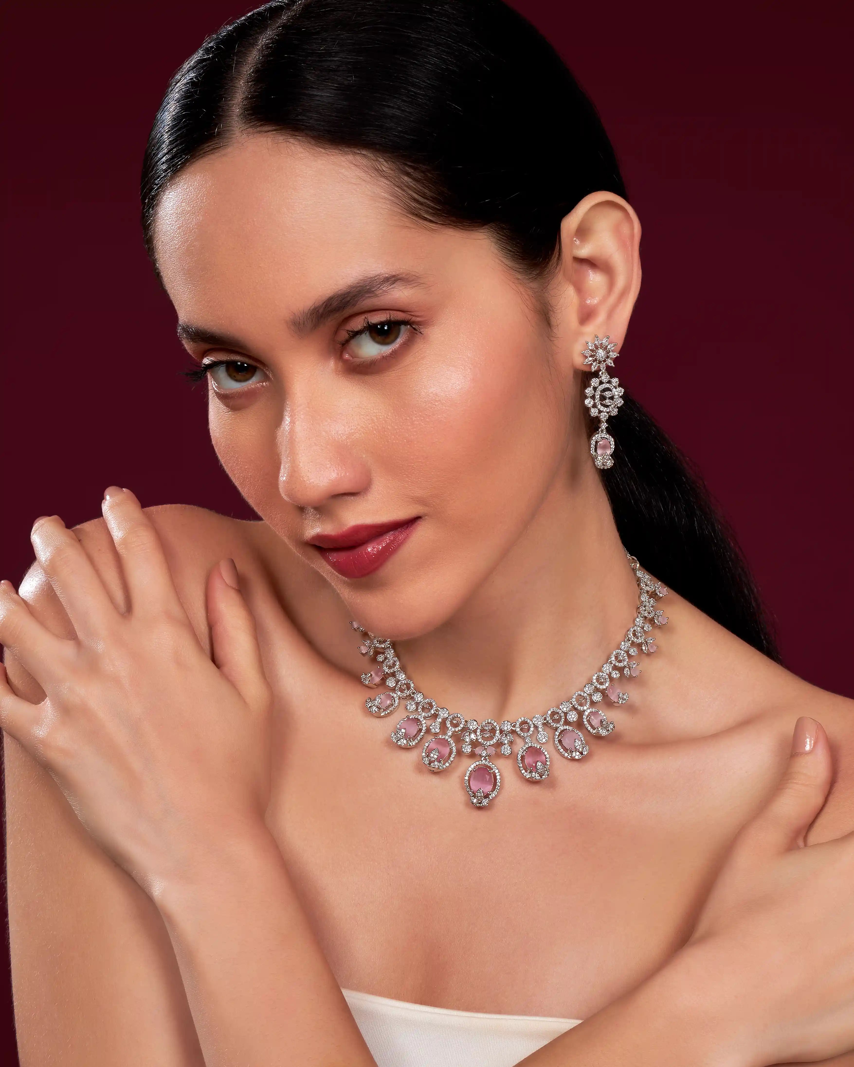 VELISEA Pink Teardrop Cubic Zirconia American Diamond Necklace Set | Statement Jewelry for Women