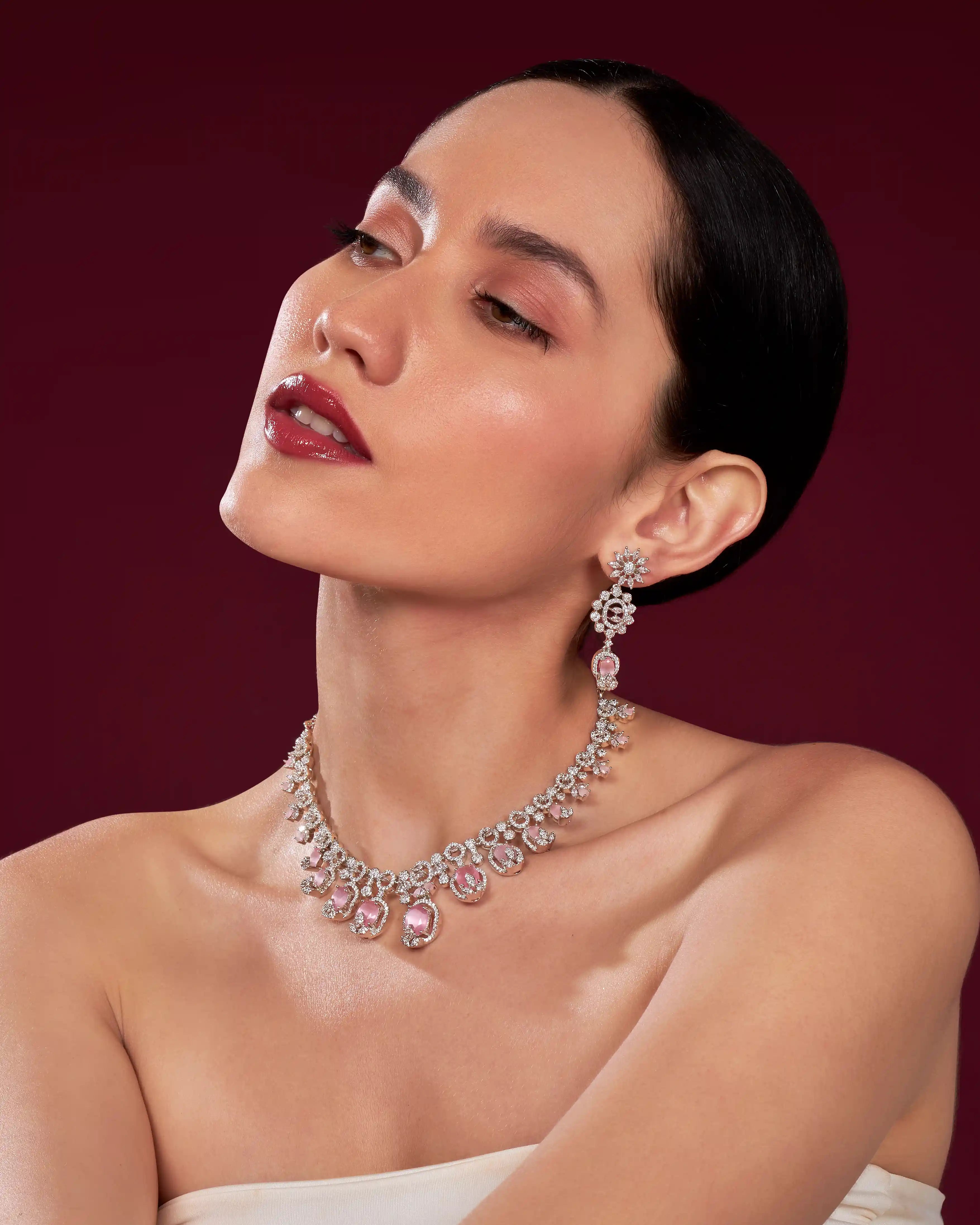 VELISEA Pink Teardrop Cubic Zirconia American Diamond Necklace Set | Statement Jewelry for Women