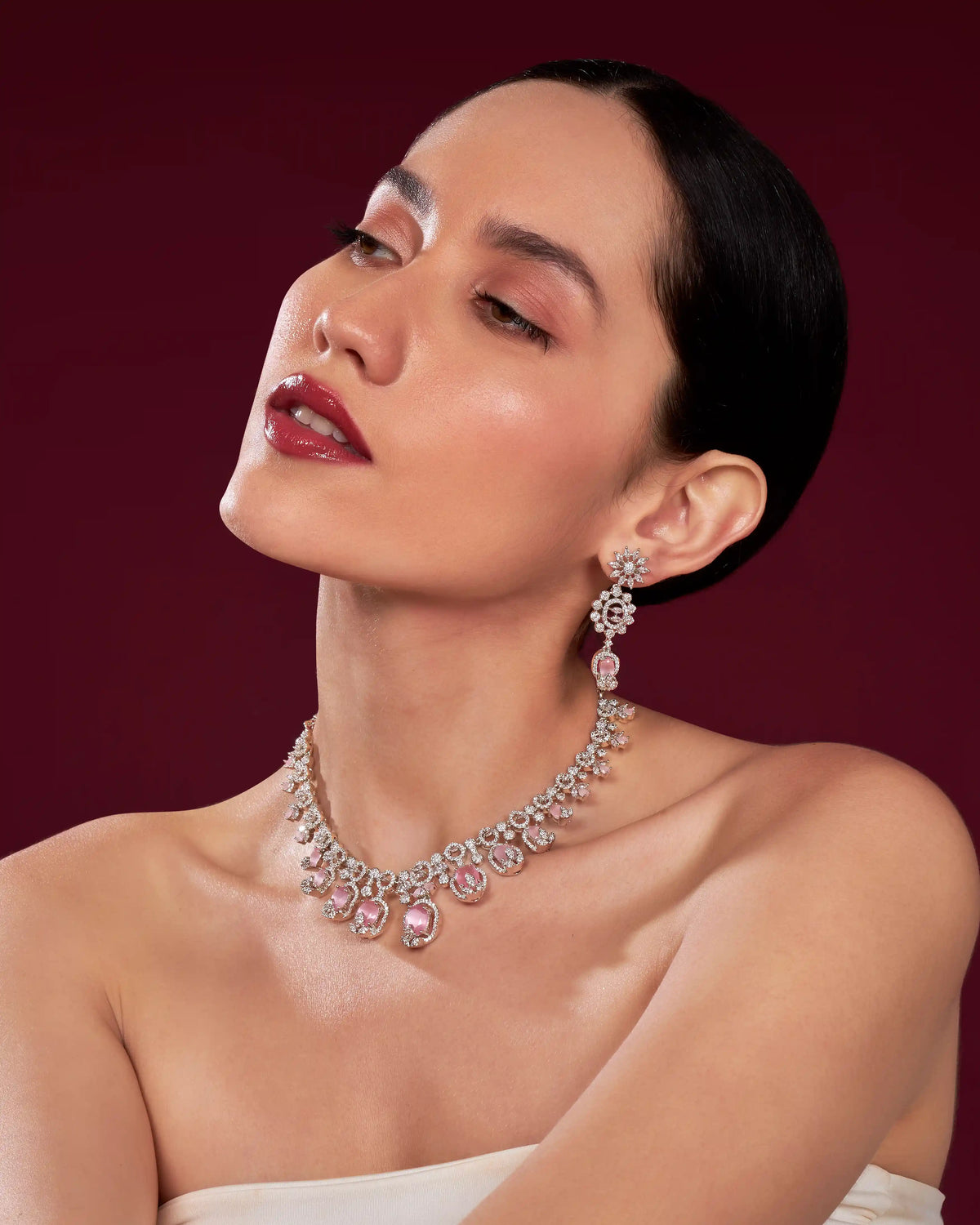 VELISEA Pink Teardrop Cubic Zirconia American Diamond Necklace Set | Statement Jewelry for Women