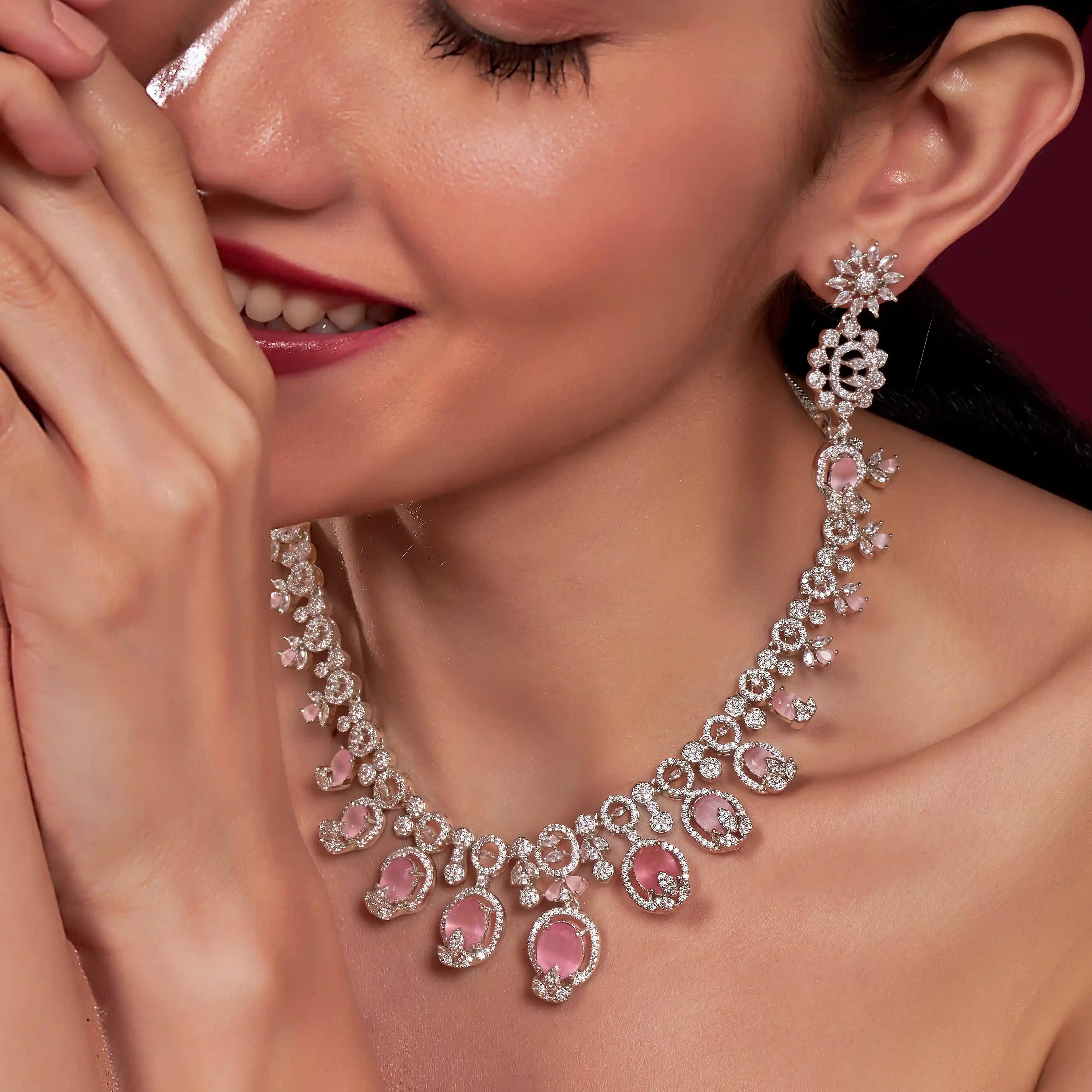 VELISEA Elegant Pink Teardrop Crystal Necklace Set | American Diamond Jewelry for Wedding & Party Wear