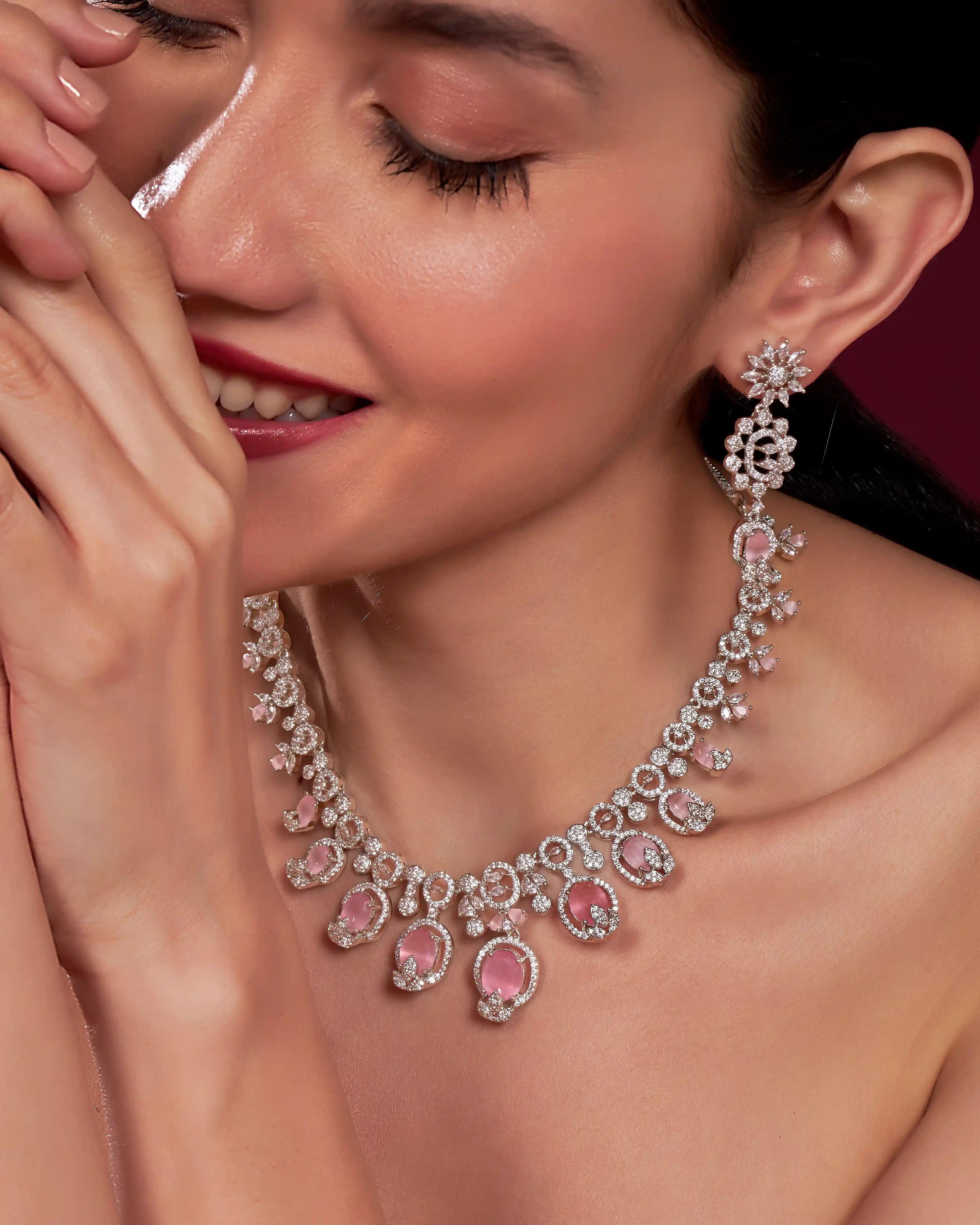 VELISEA Elegant Pink Teardrop Crystal Necklace Set | American Diamond Jewelry for Wedding & Party Wear