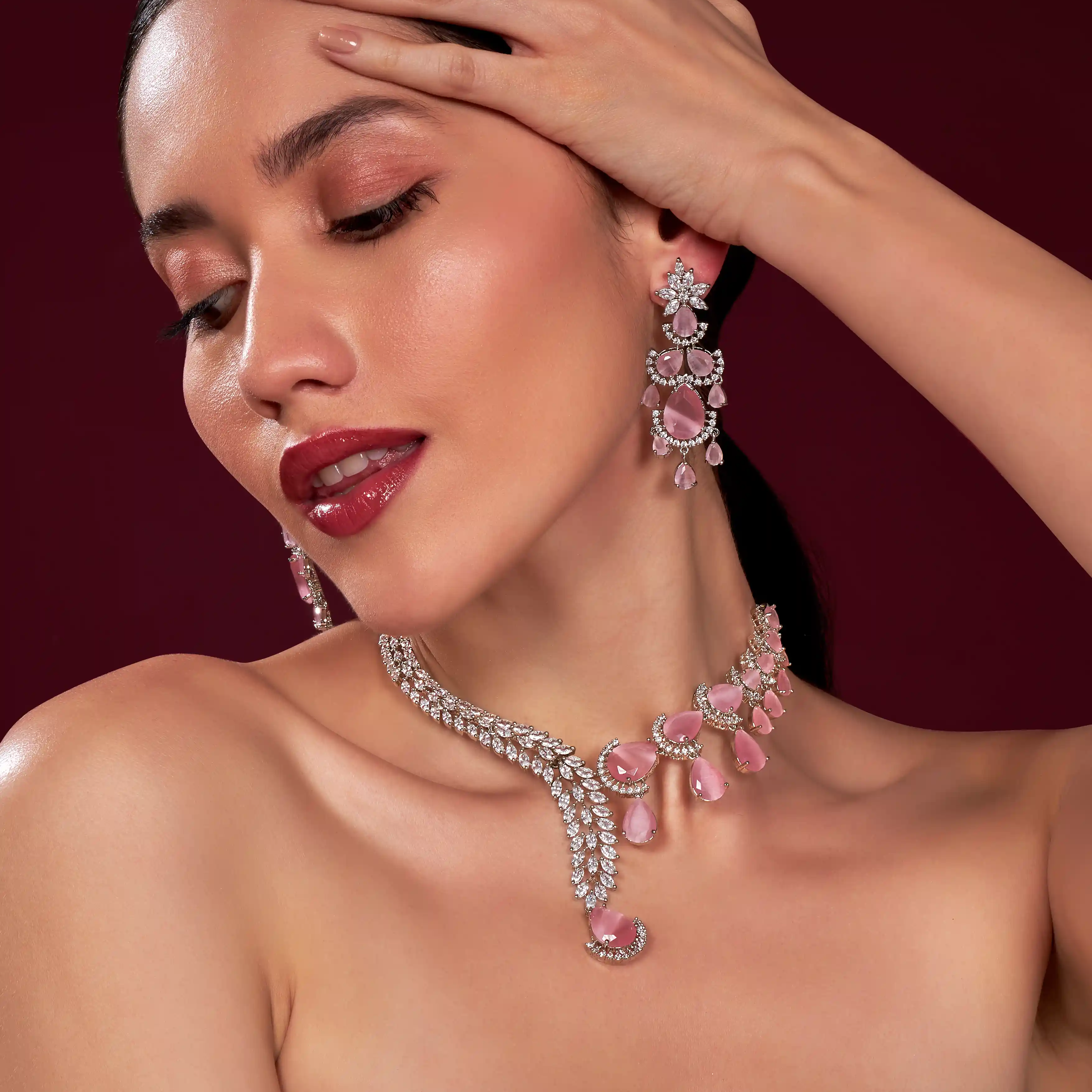 VELISEA Pink Teardrop Cubic Zirconia American Diamond Necklace Set | Statement Jewelry for Women