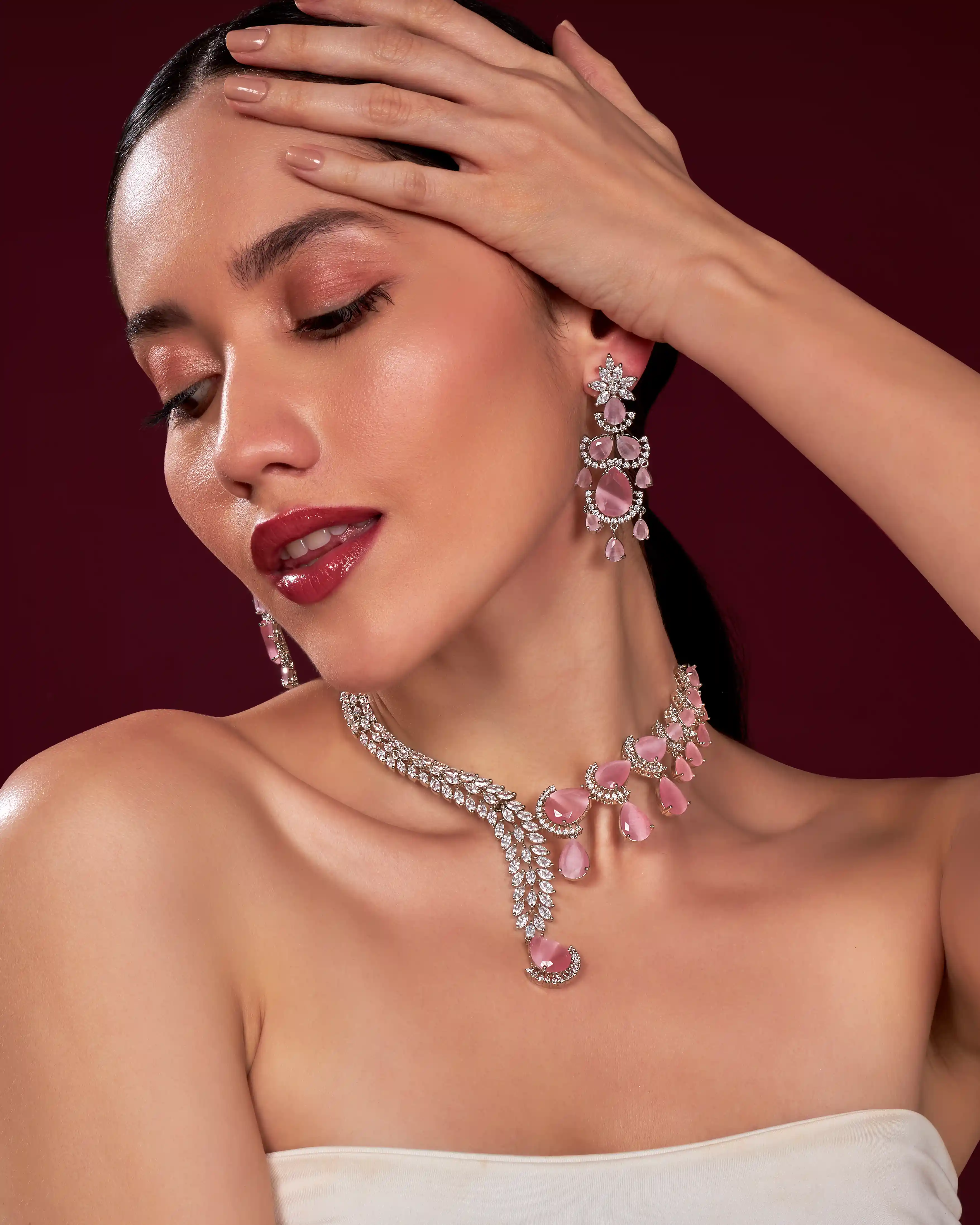 VELISEA Pink Teardrop Cubic Zirconia American Diamond Necklace Set | Statement Jewelry for Women