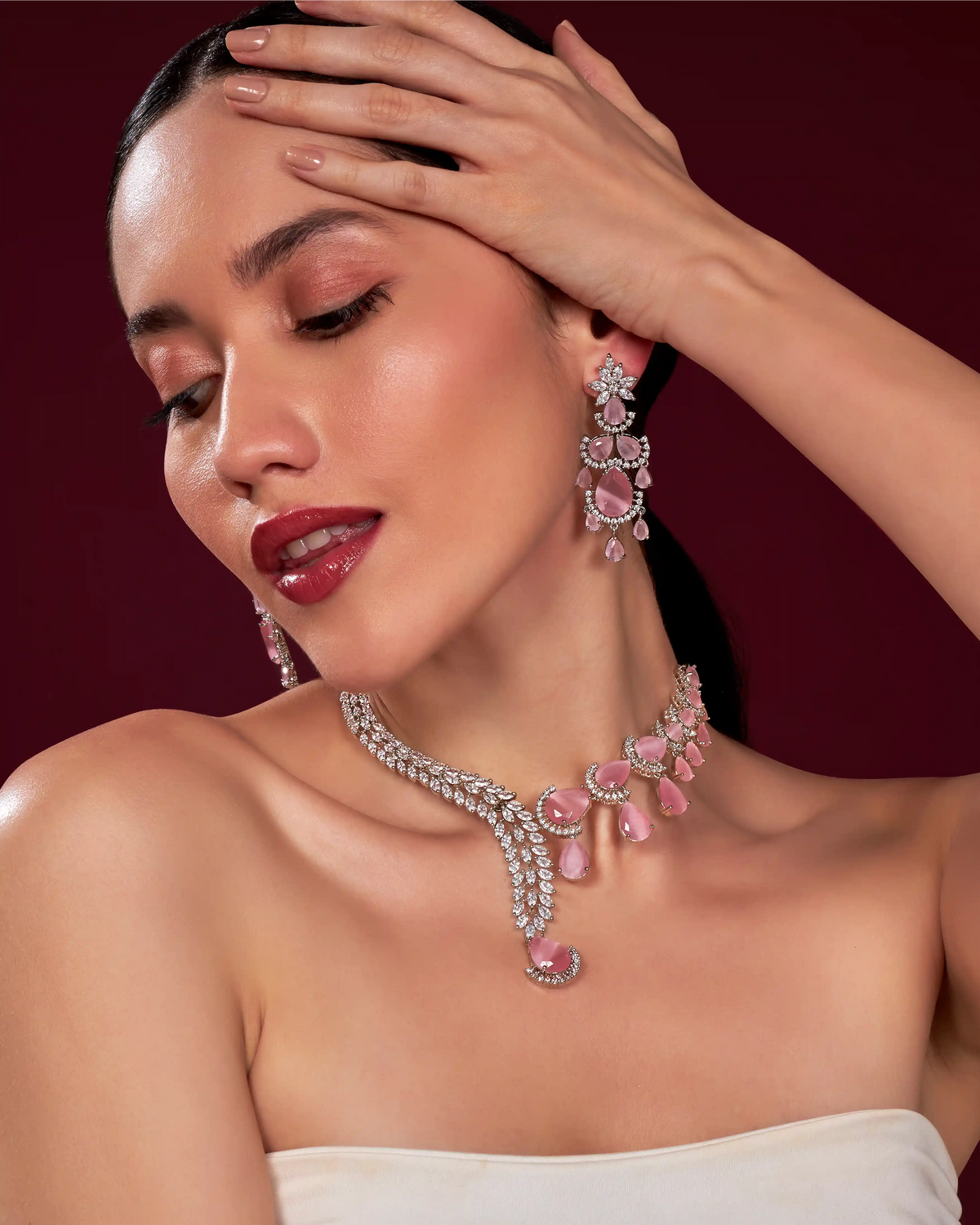 VELISEA Pink Teardrop Cubic Zirconia American Diamond Necklace Set | Statement Jewelry for Women