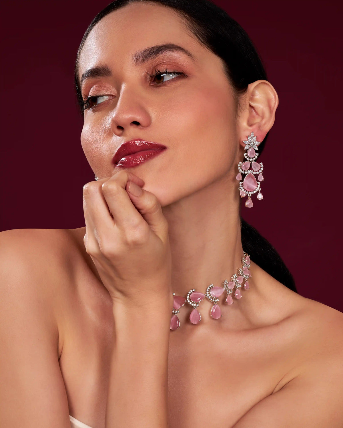 VELISEA Pink Teardrop Cubic Zirconia American Diamond Necklace Set | Statement Jewelry for Women