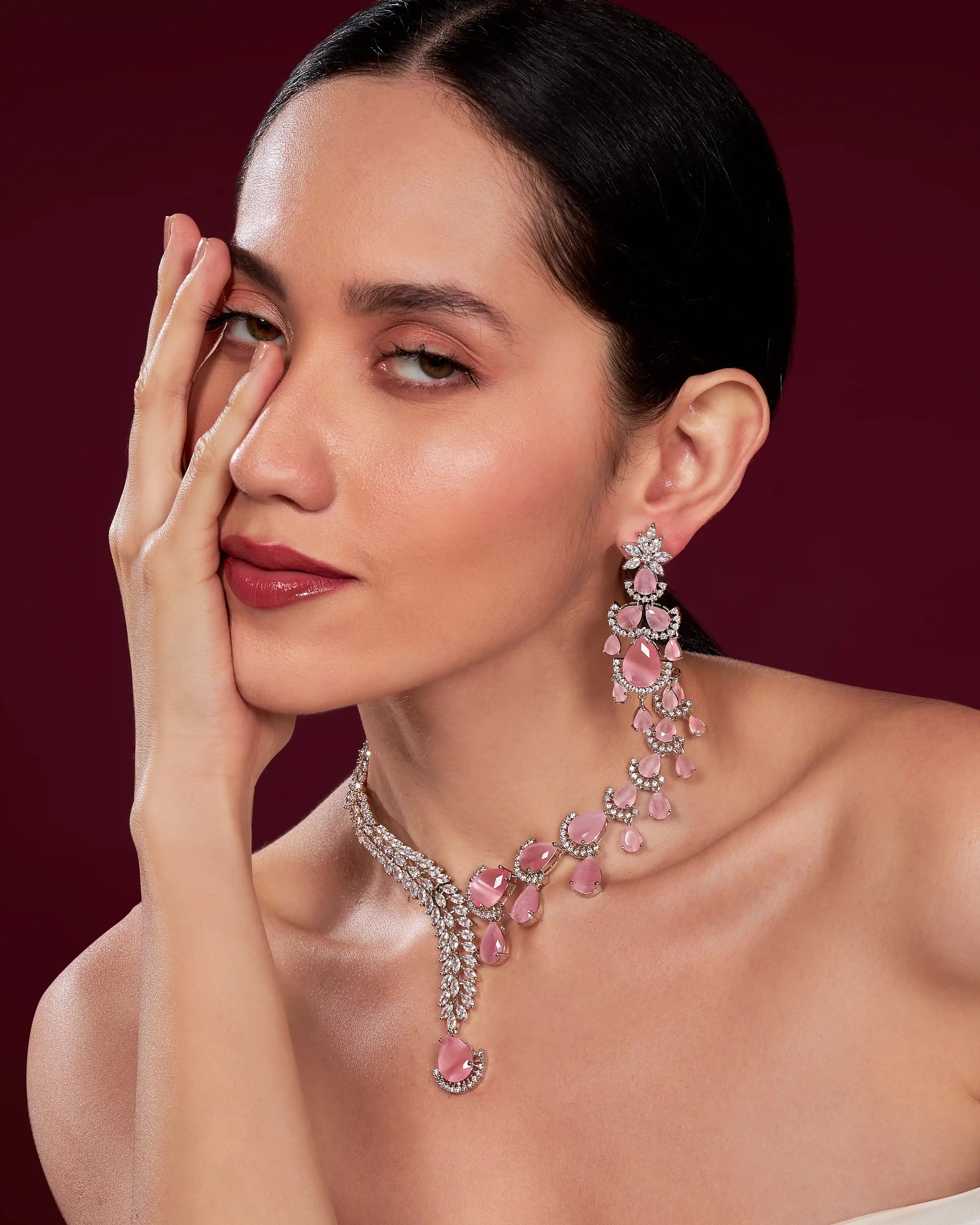 VELISEA Pink Teardrop Cubic Zirconia American Diamond Necklace Set | Statement Jewelry for Women