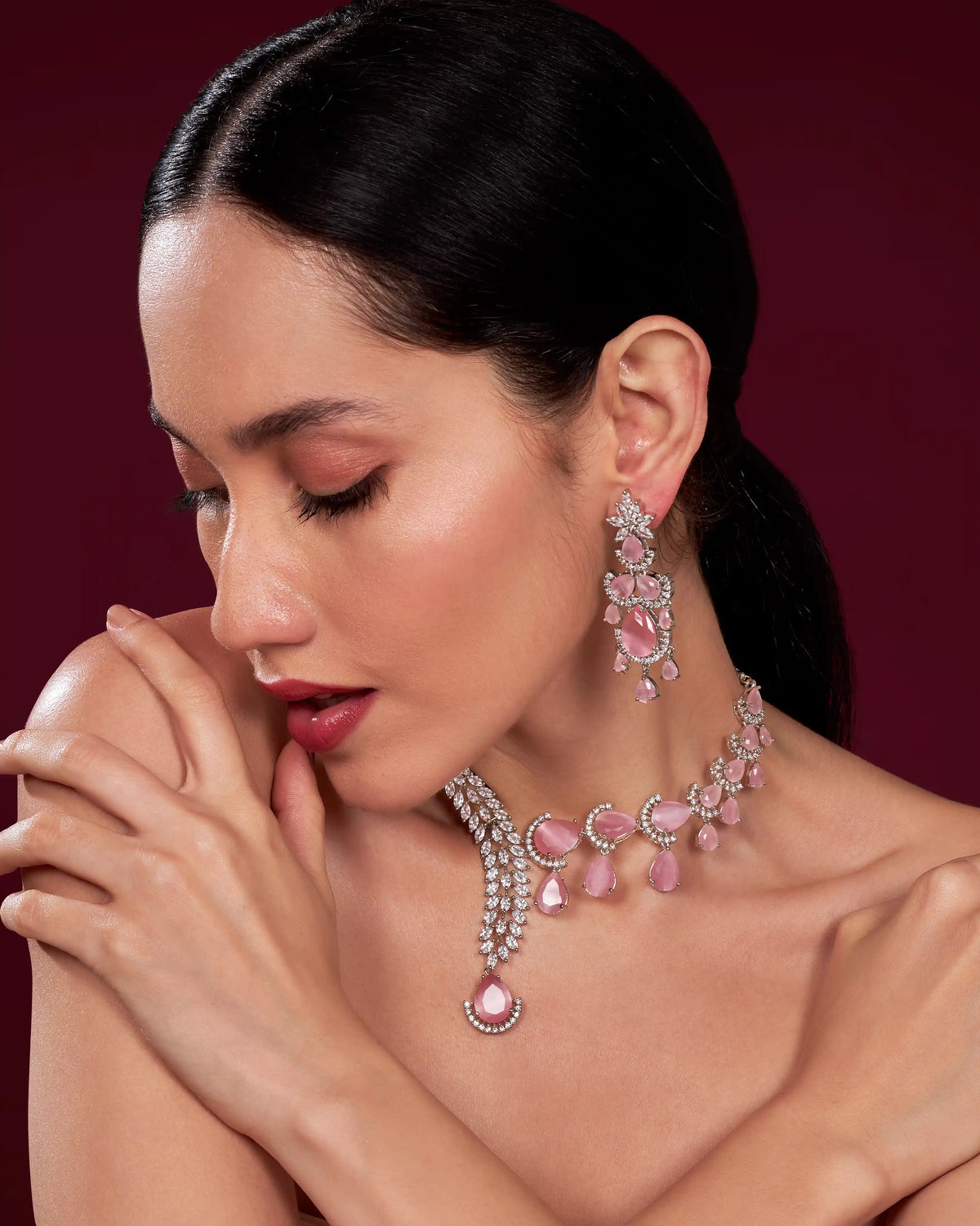 VELISEA Pink Teardrop Cubic Zirconia American Diamond Necklace Set | Statement Jewelry for Women