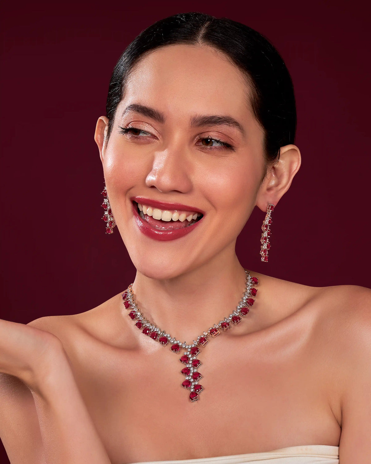 VELISEA Red Teardrop Cubic Zirconia American Diamond Necklace Set | Statement Jewelry for Women