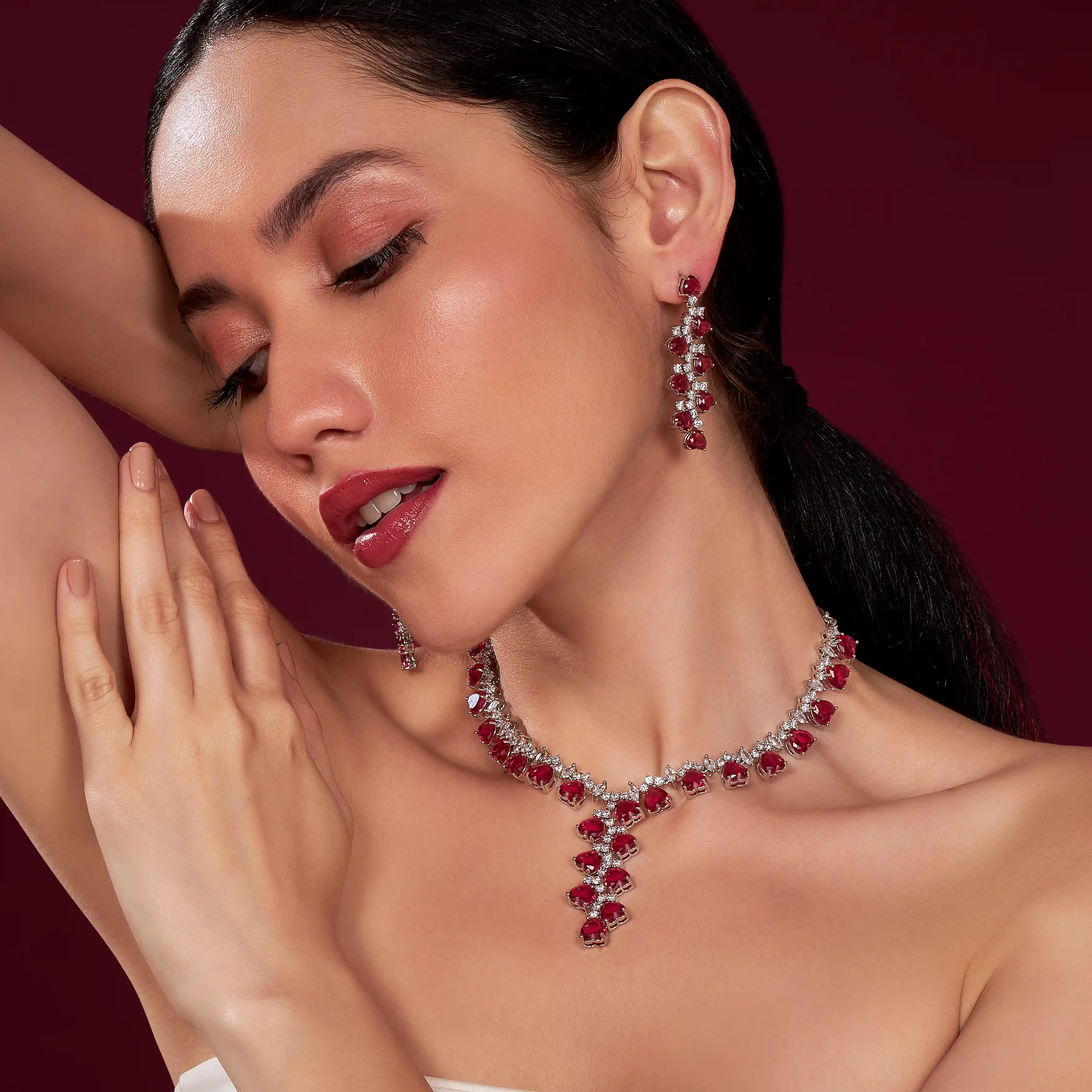 VELISEA Red Teardrop Cubic Zirconia American Diamond Necklace Set | Statement Jewelry for Women