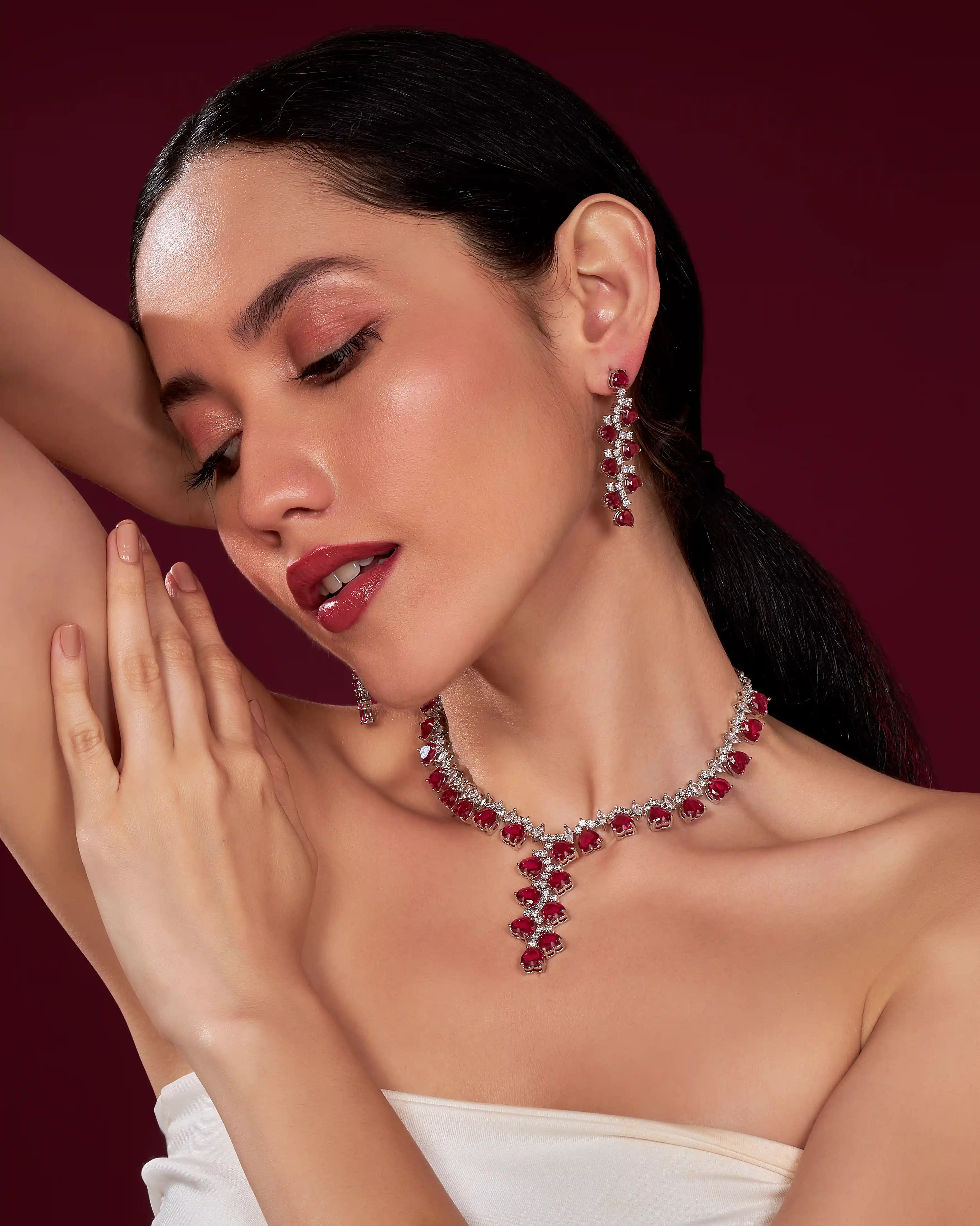 VELISEA Red Teardrop Cubic Zirconia American Diamond Necklace Set | Statement Jewelry for Women