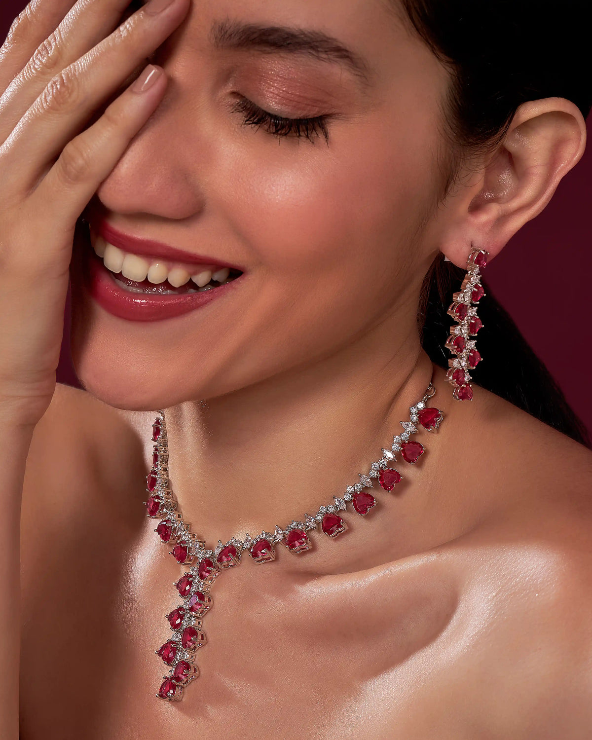 VELISEA Red Teardrop Cubic Zirconia American Diamond Necklace Set | Statement Jewelry for Women