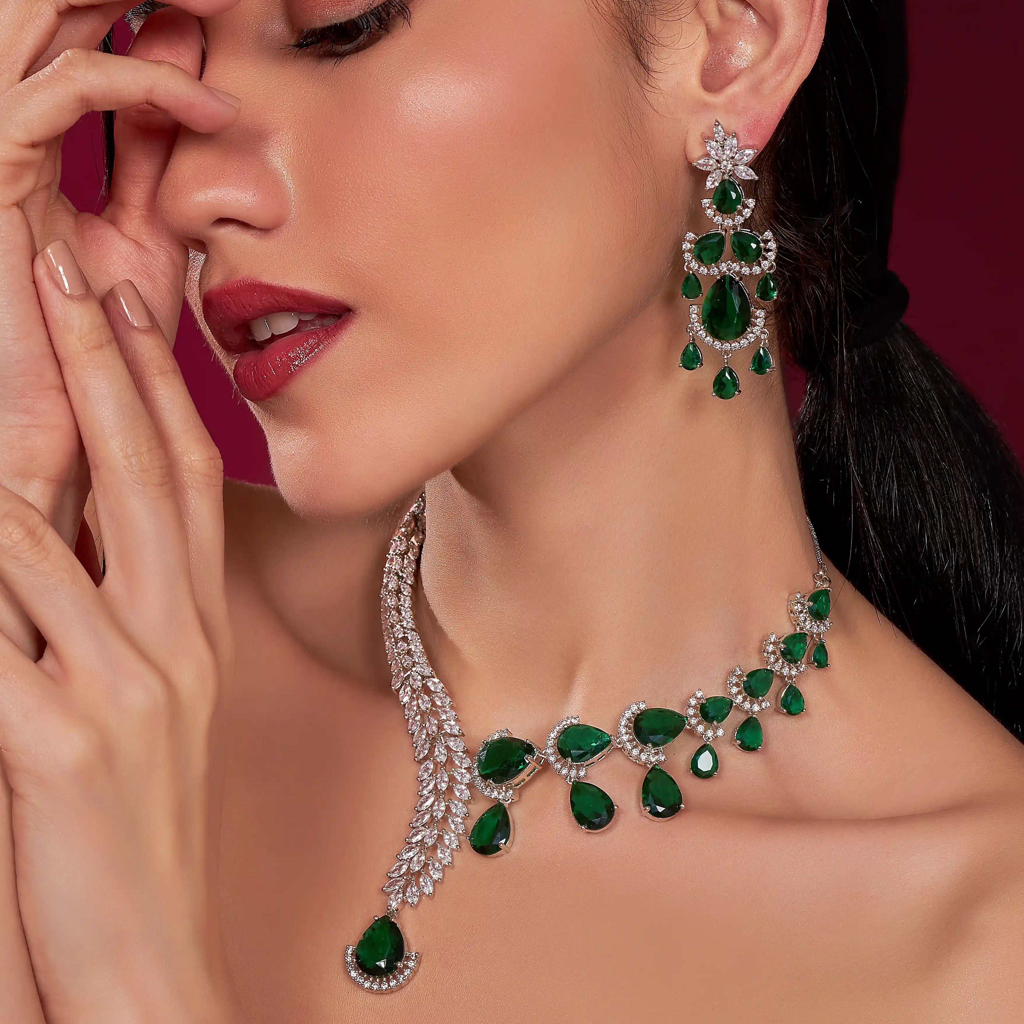 VELISEA Green Teardrop Cubic Zirconia American Diamond Necklace Set | Statement Jewelry for Women