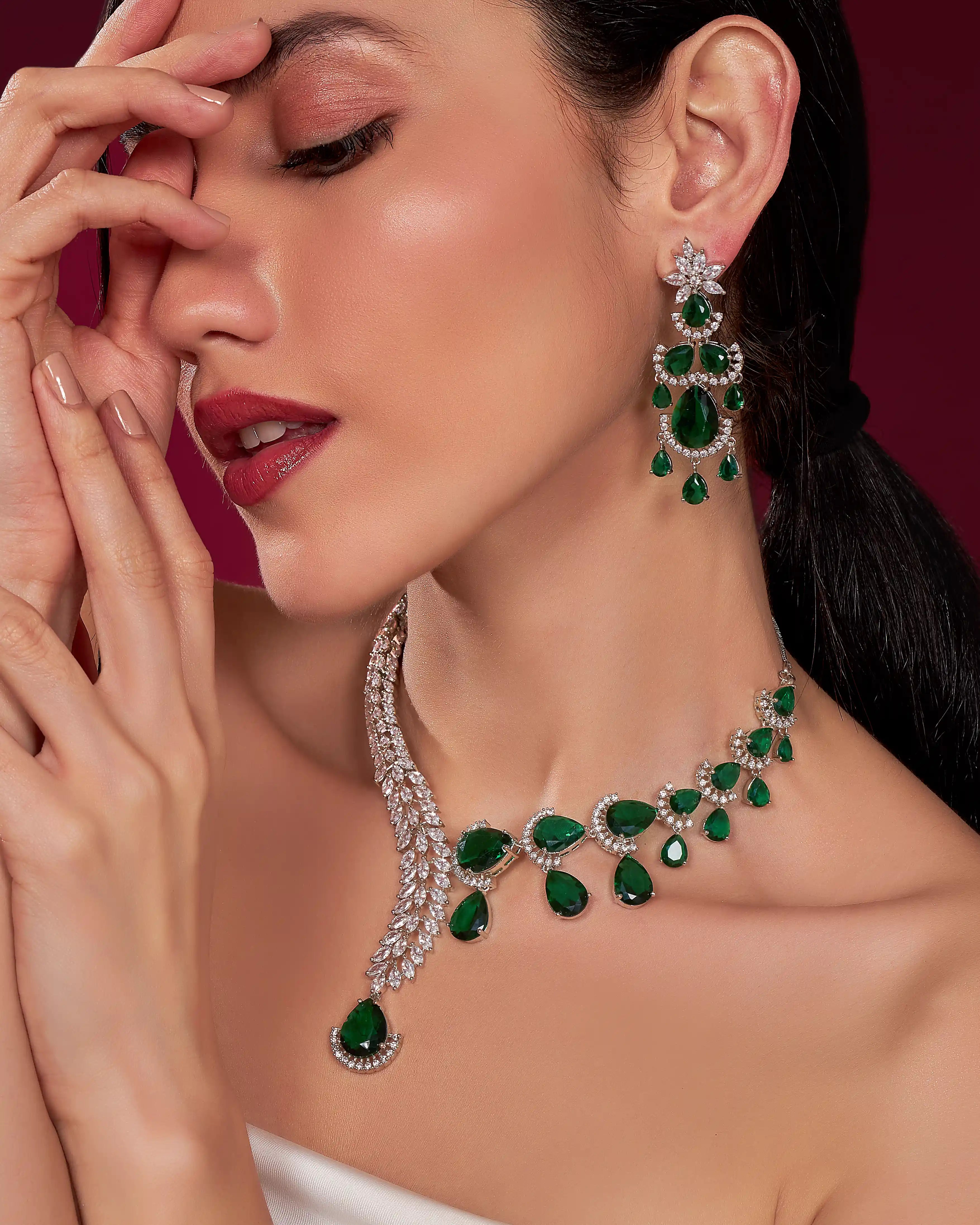 VELISEA Green Teardrop Cubic Zirconia American Diamond Necklace Set | Statement Jewelry for Women