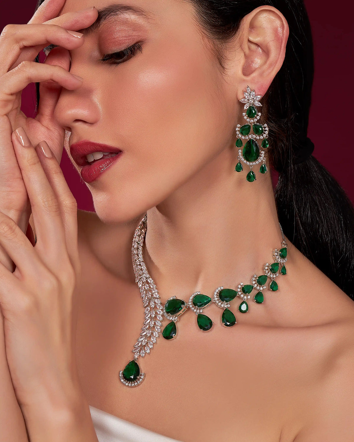 VELISEA Green Teardrop Cubic Zirconia American Diamond Necklace Set | Statement Jewelry for Women