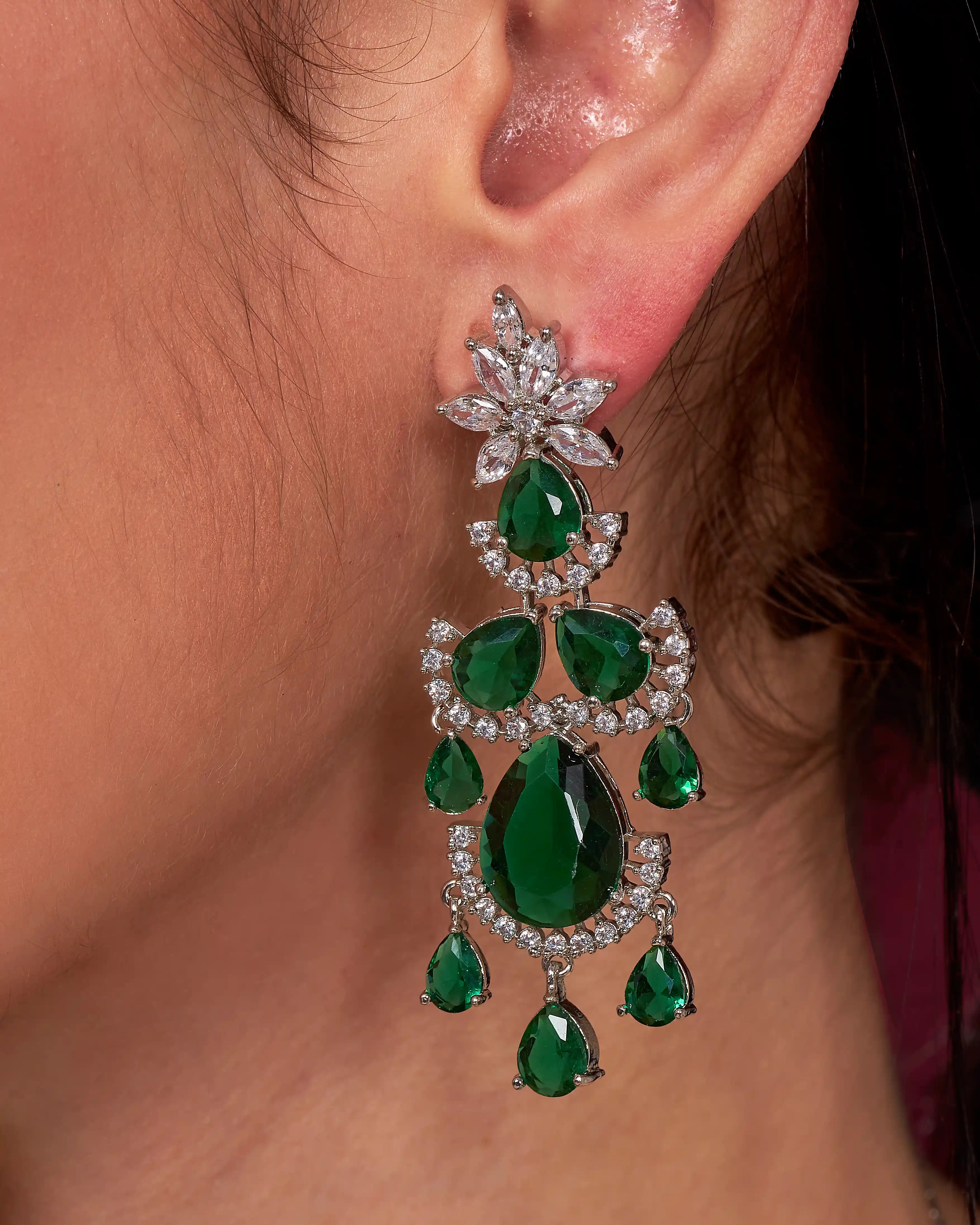VELISEA Green Teardrop Cubic Zirconia American Diamond Necklace Set | Statement Jewelry for Women