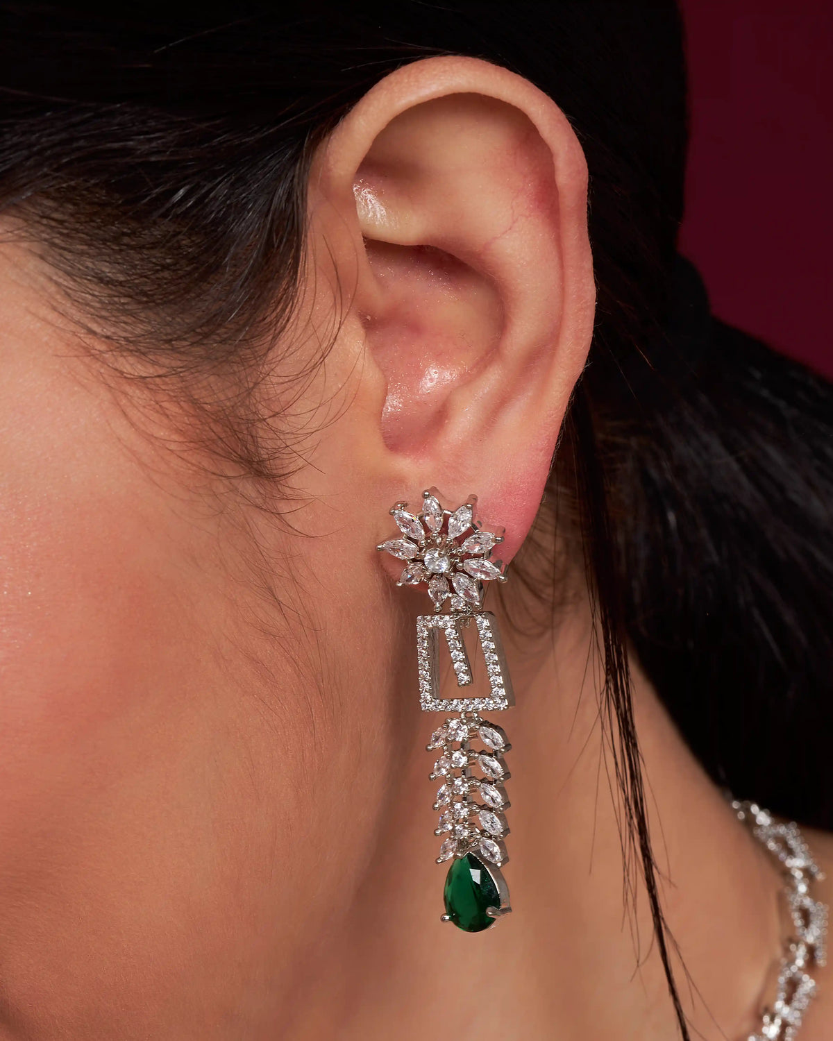 VELISEA Green Teardrop American Diamond Zirconia Necklace Set for Women | Elegant Bridal & Party Jewelry
