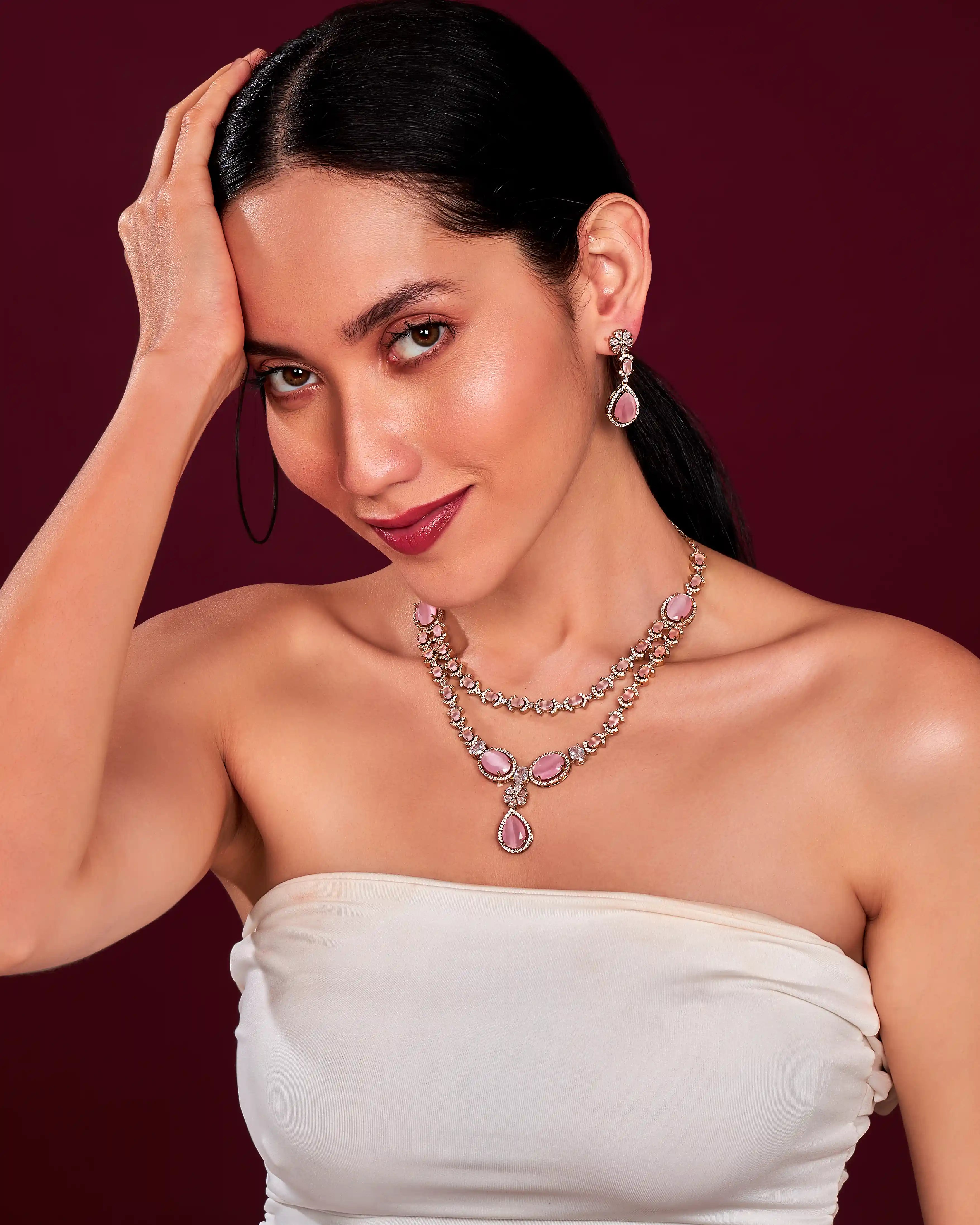 VELISEA Blush Pink Teardrop Cubic Zirconia American Diamond Necklace Set for Women | Elegant Bridal & Party Jewelry