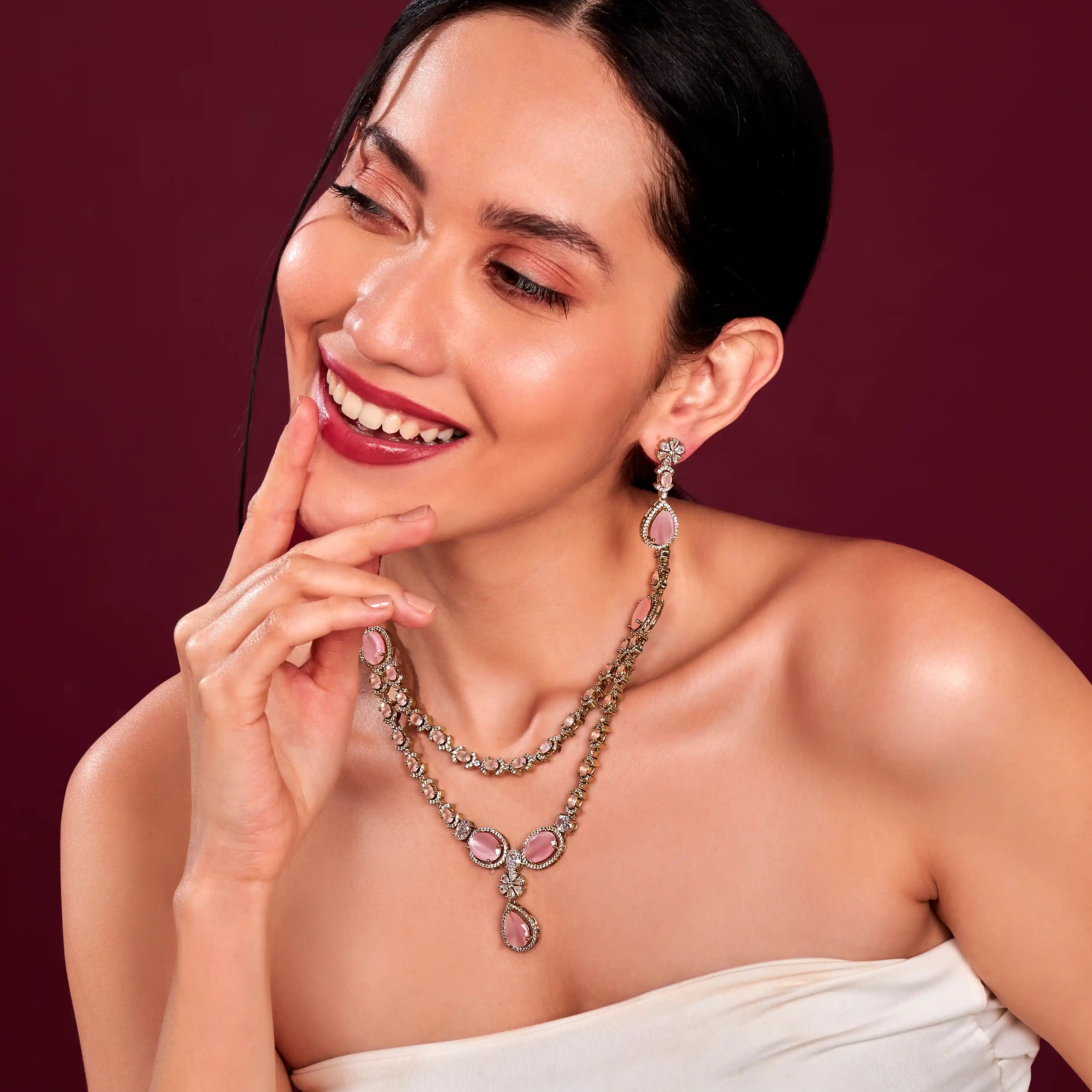 VELISEA Blush Pink Teardrop Cubic Zirconia American Diamond Necklace Set for Women | Elegant Bridal & Party Jewelry