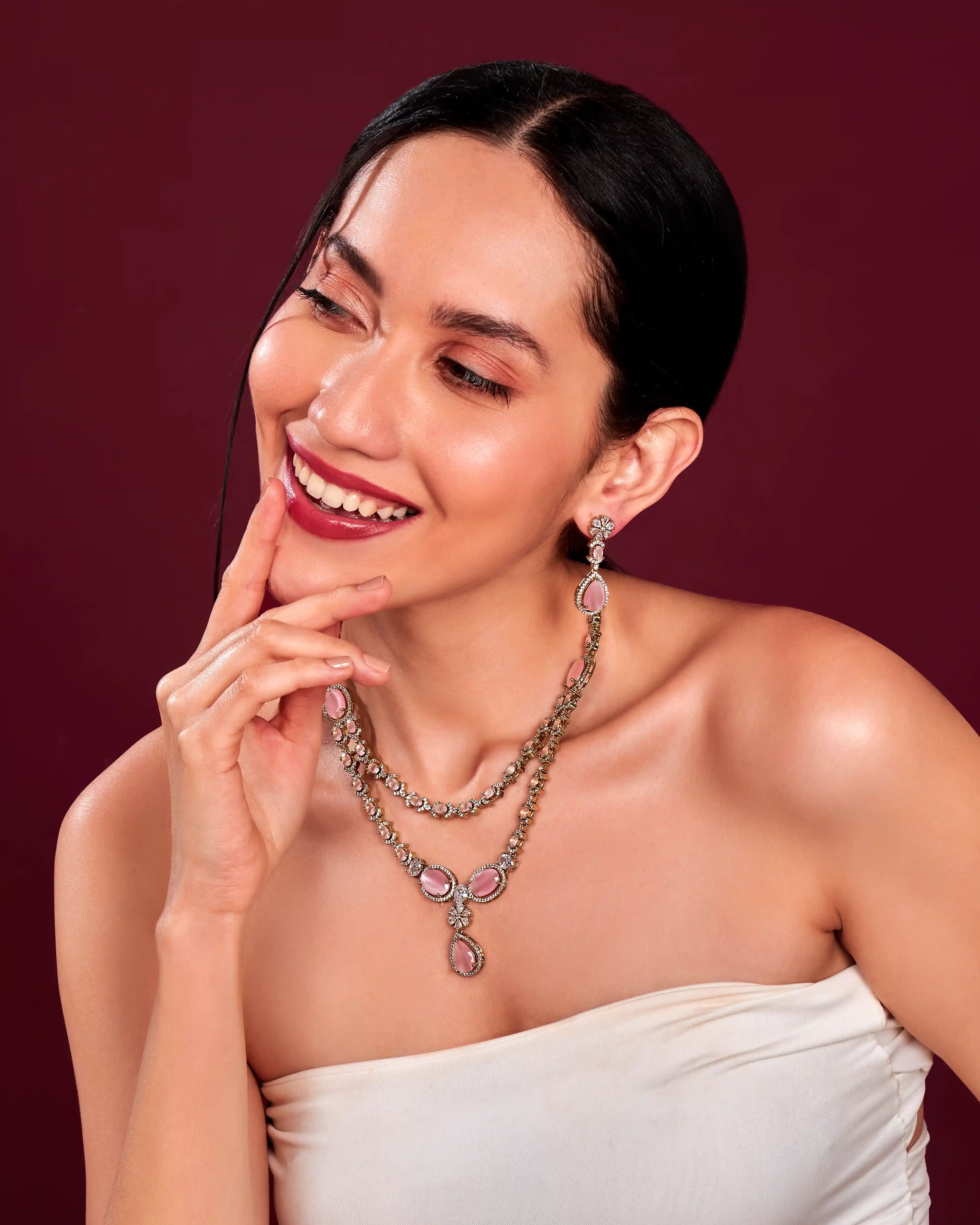 VELISEA Blush Pink Teardrop Cubic Zirconia American Diamond Necklace Set for Women | Elegant Bridal & Party Jewelry