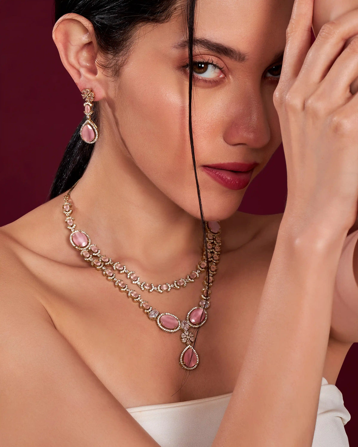 VELISEA Blush Pink Teardrop Cubic Zirconia American Diamond Necklace Set for Women | Elegant Bridal & Party Jewelry