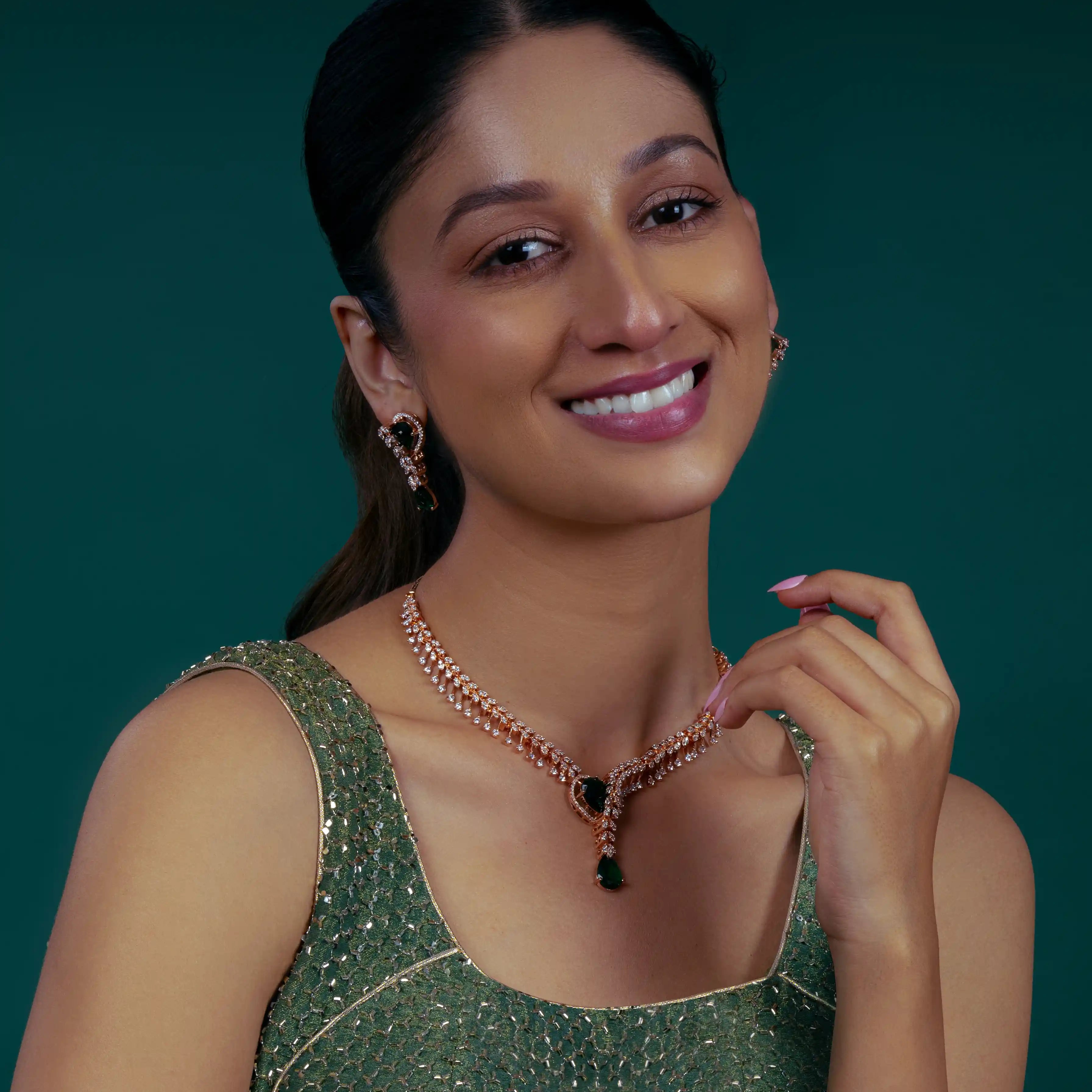 VELISEA Emerald Elegance Necklace & Earrings Set for Women | Premium Luxury Zirconia Jewellery