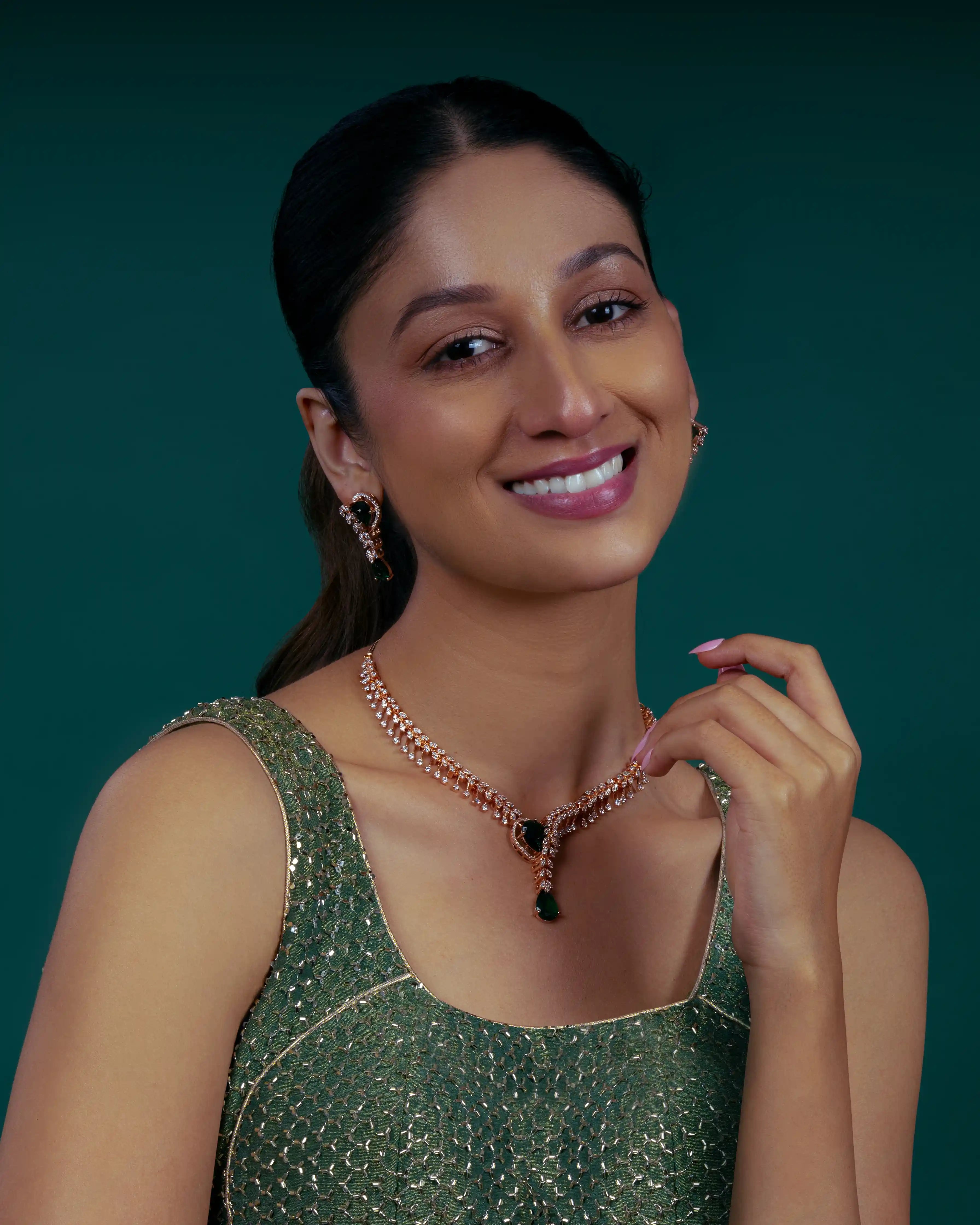 VELISEA Emerald Elegance Necklace & Earrings Set for Women | Premium Luxury Zirconia Jewellery