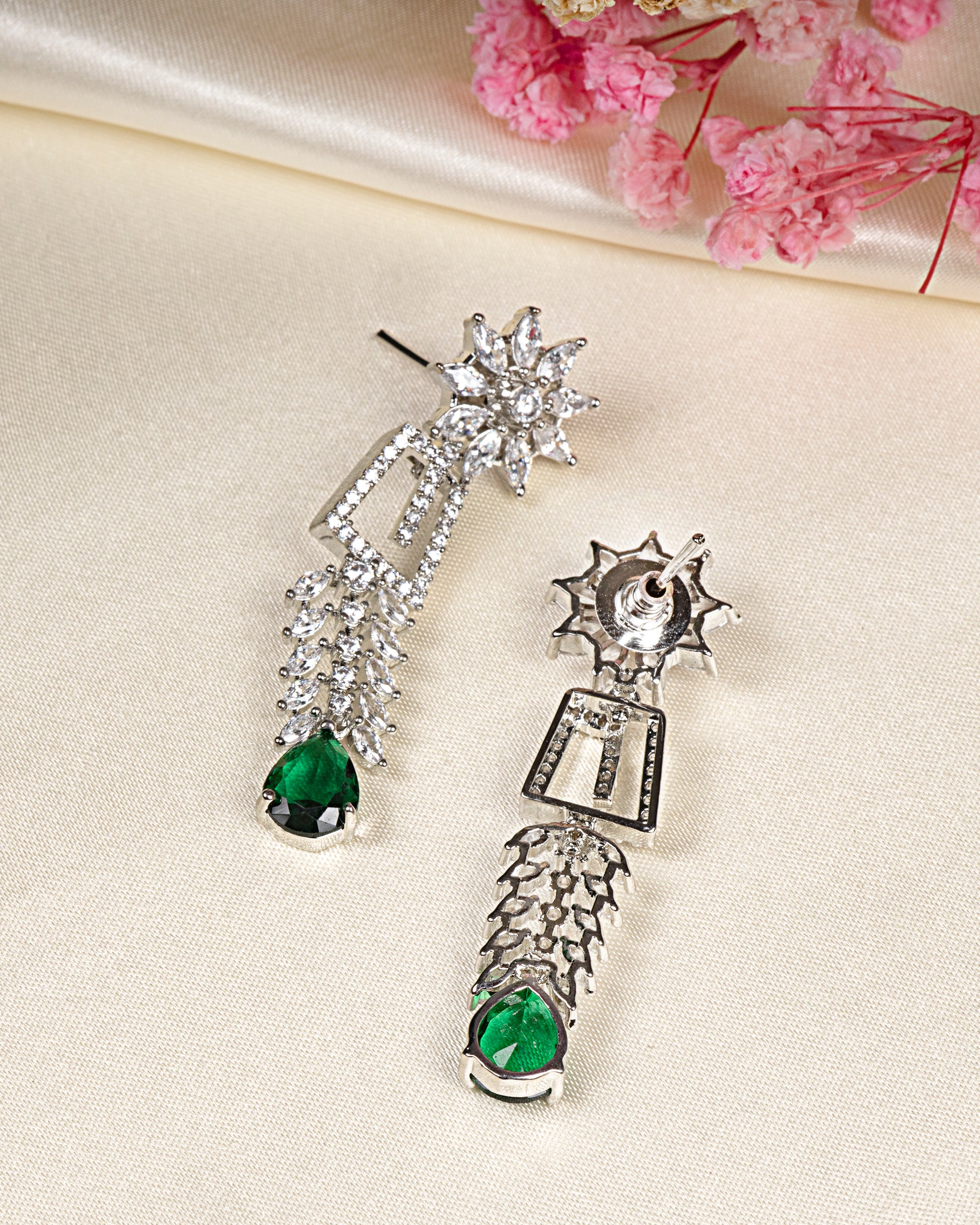 VELISEA Green Teardrop American Diamond Zirconia Necklace Set for Women | Elegant Bridal & Party Jewelry