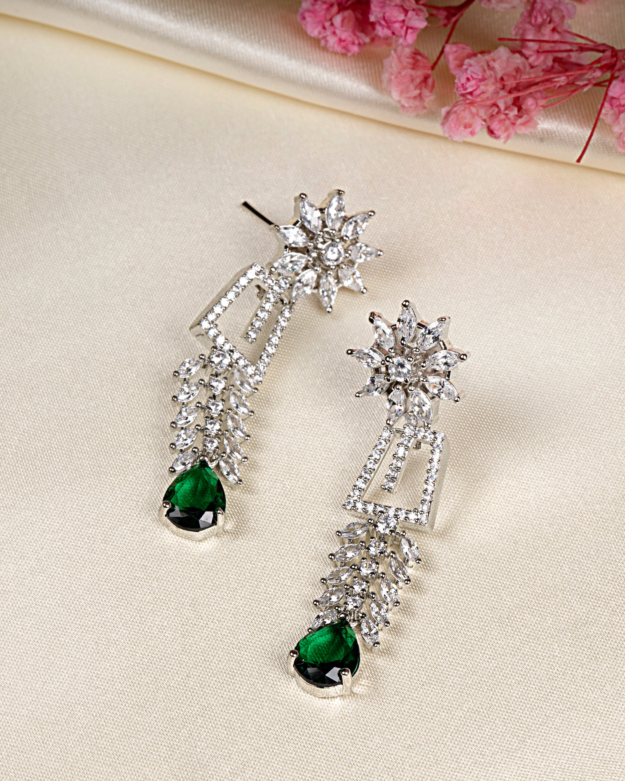 VELISEA Green Teardrop American Diamond Zirconia Necklace Set for Women | Elegant Bridal & Party Jewelry