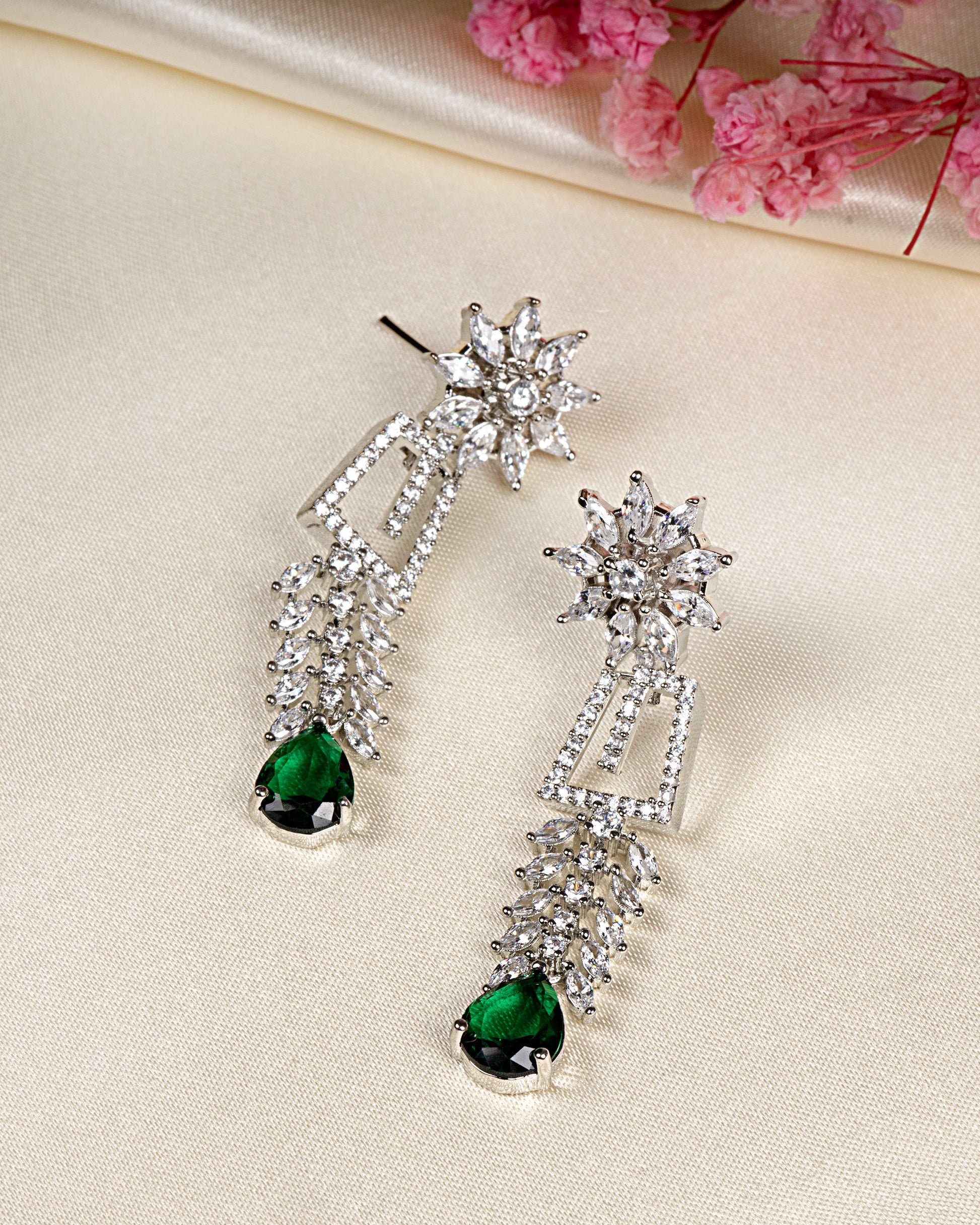 VELISEA Green Teardrop American Diamond Zirconia Necklace Set for Women | Elegant Bridal & Party Jewelry