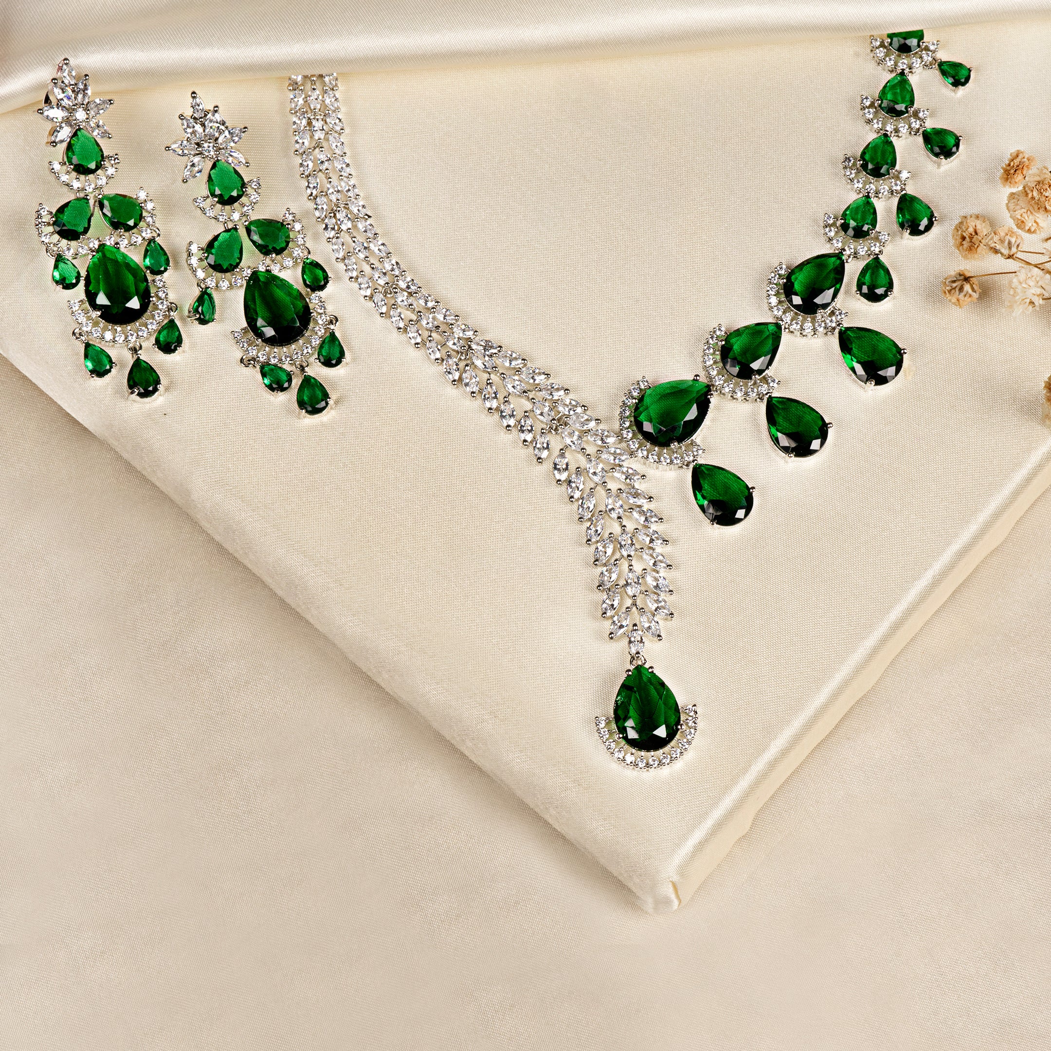 VELISEA Green Teardrop Cubic Zirconia American Diamond Necklace Set | Statement Jewelry for Women