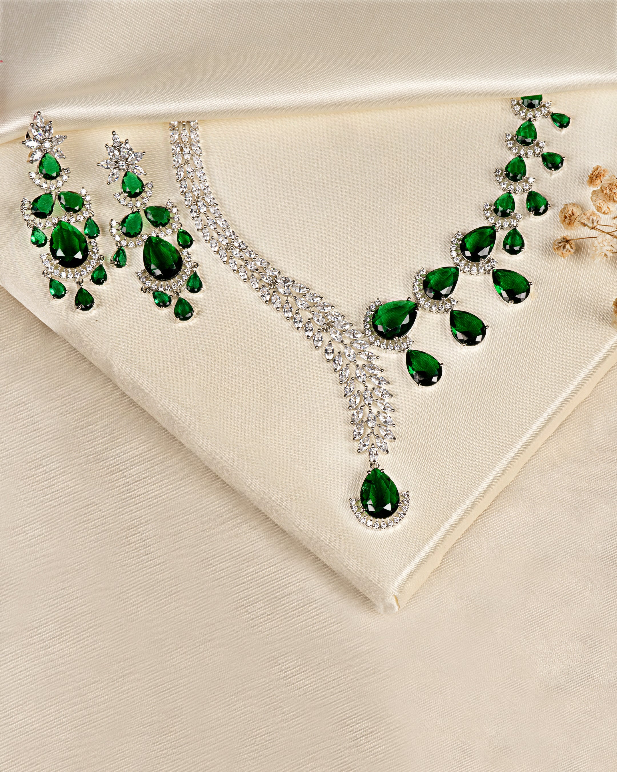 VELISEA Green Teardrop Cubic Zirconia American Diamond Necklace Set | Statement Jewelry for Women