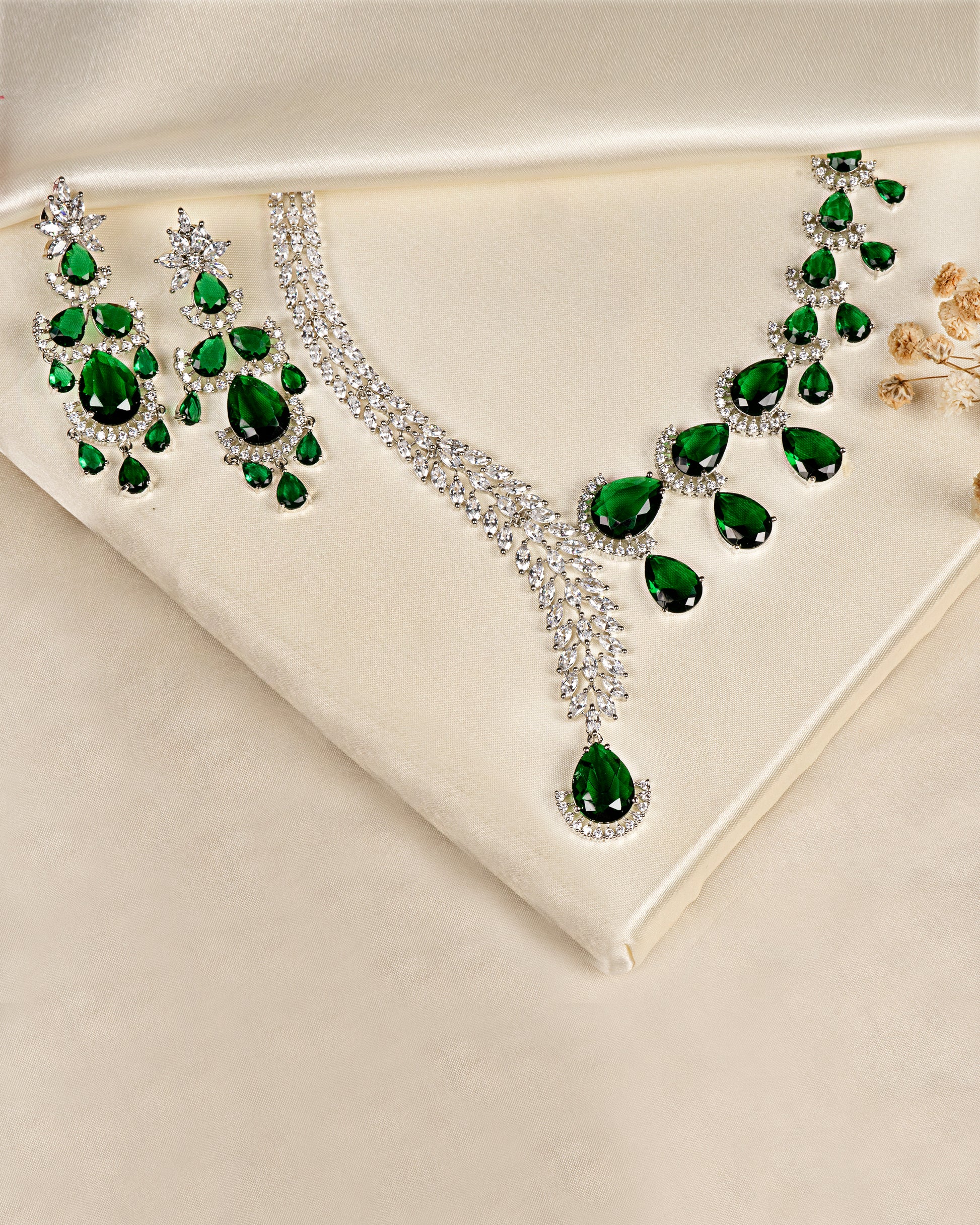 VELISEA Green Teardrop Cubic Zirconia American Diamond Necklace Set | Statement Jewelry for Women
