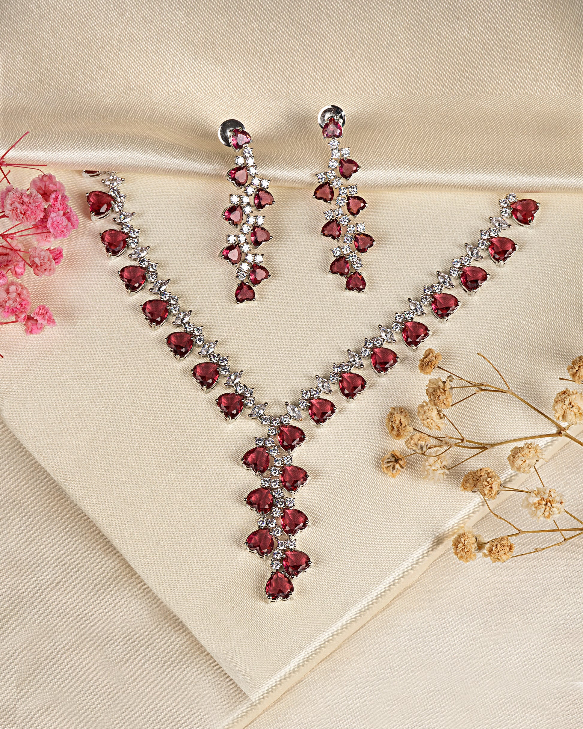 VELISEA Red Teardrop Cubic Zirconia American Diamond Necklace Set | Statement Jewelry for Women