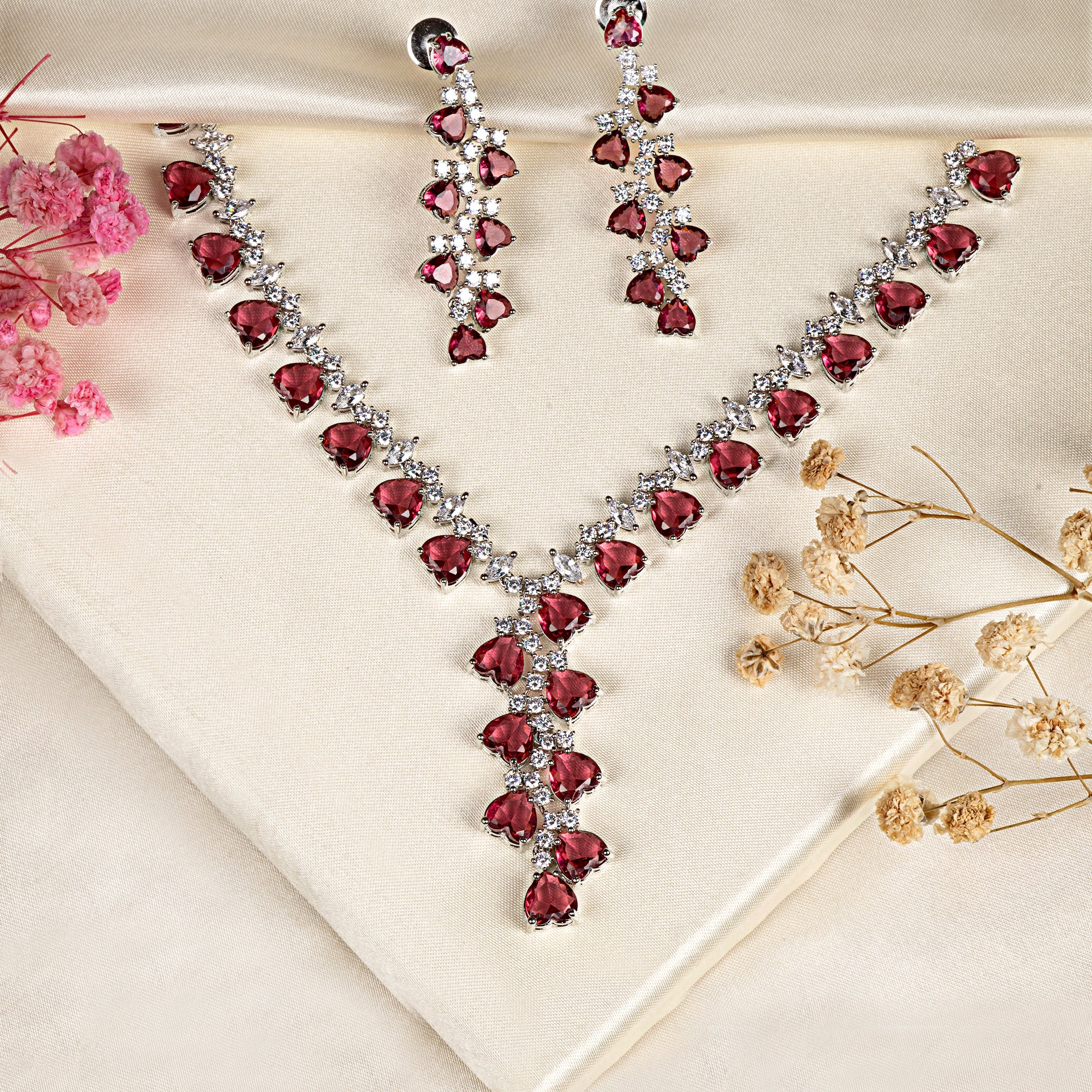 VELISEA Red Teardrop Cubic Zirconia American Diamond Necklace Set | Statement Jewelry for Women