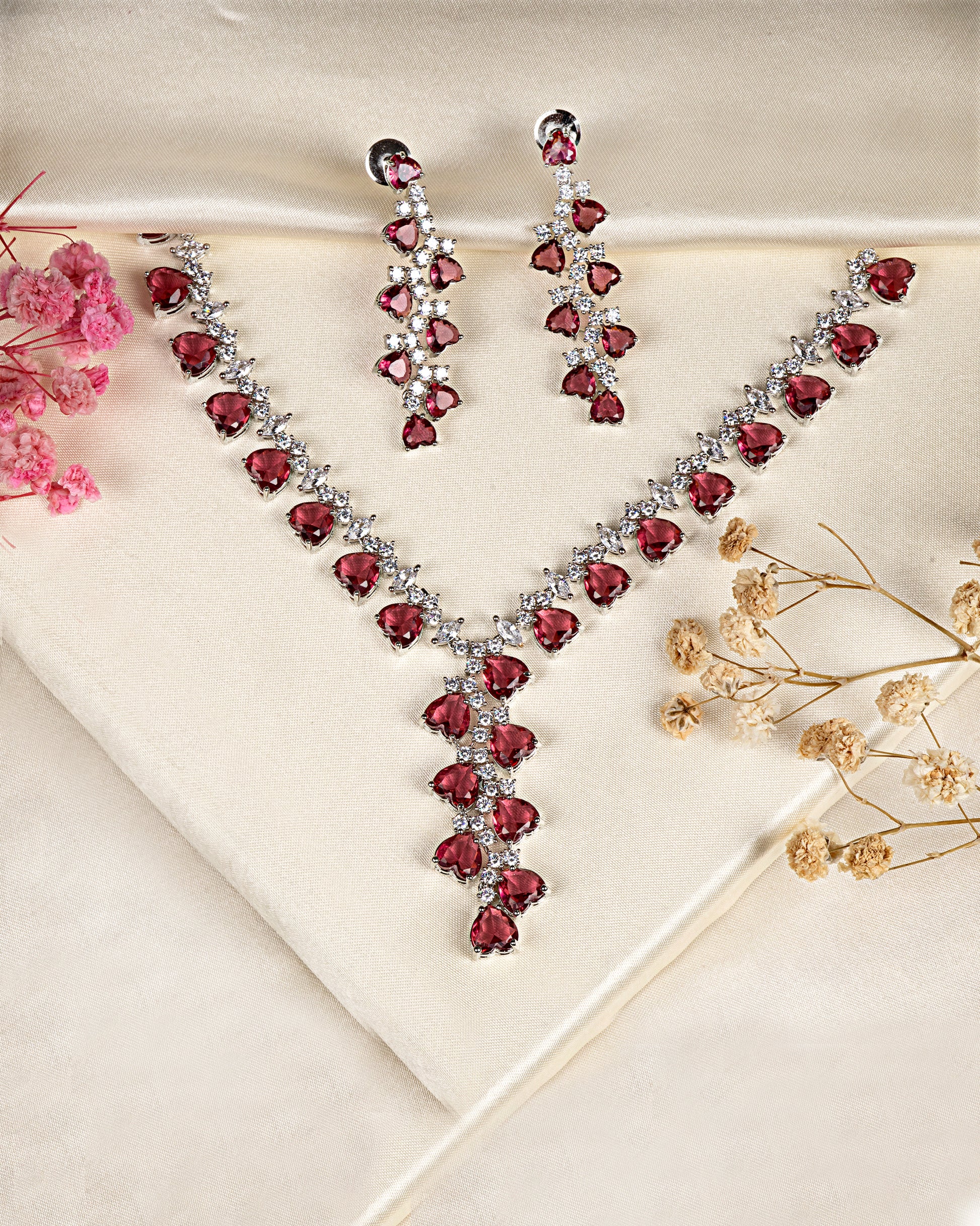 VELISEA Red Teardrop Cubic Zirconia American Diamond Necklace Set | Statement Jewelry for Women