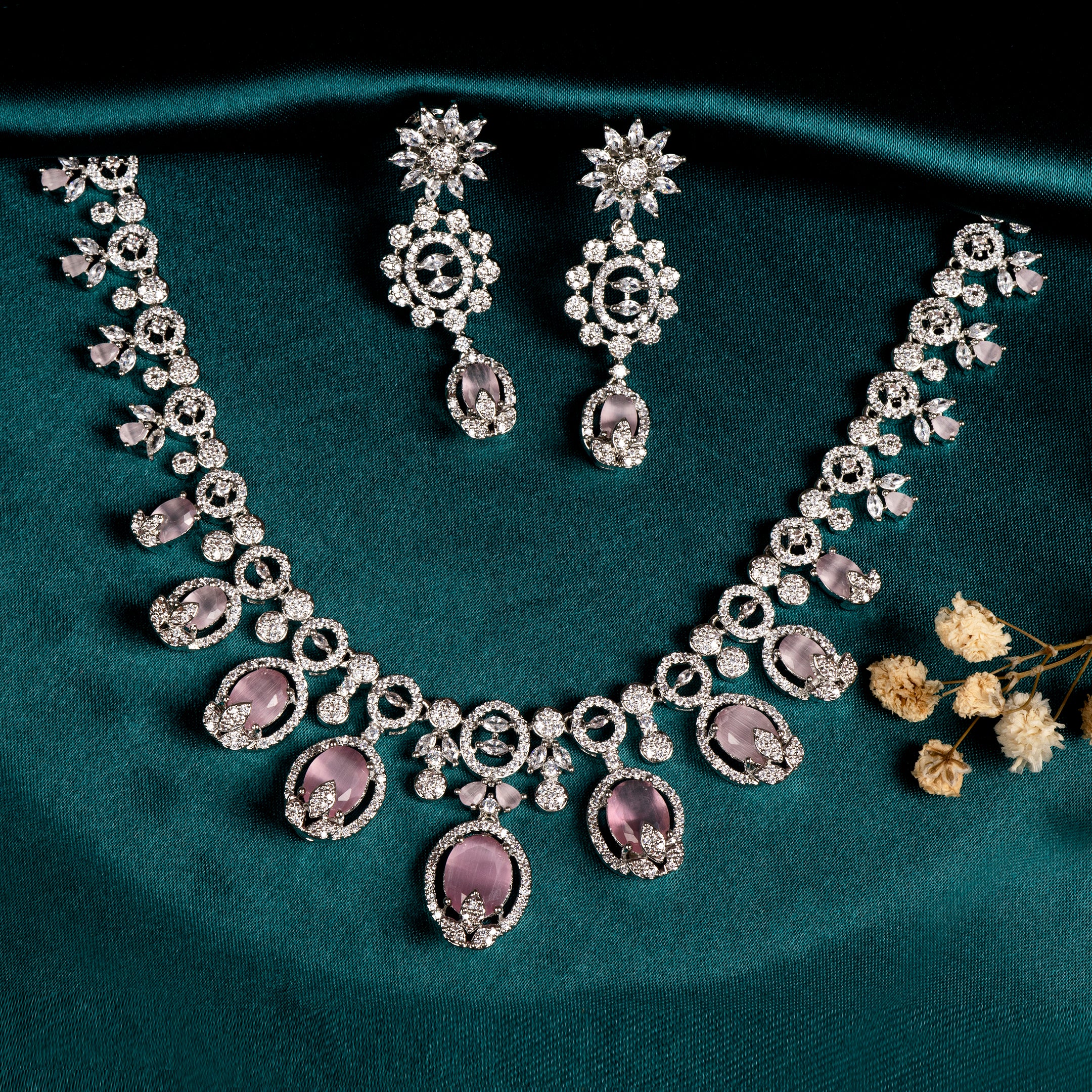 VELISEA Pink Teardrop Cubic Zirconia American Diamond Necklace Set | Statement Jewelry for Women