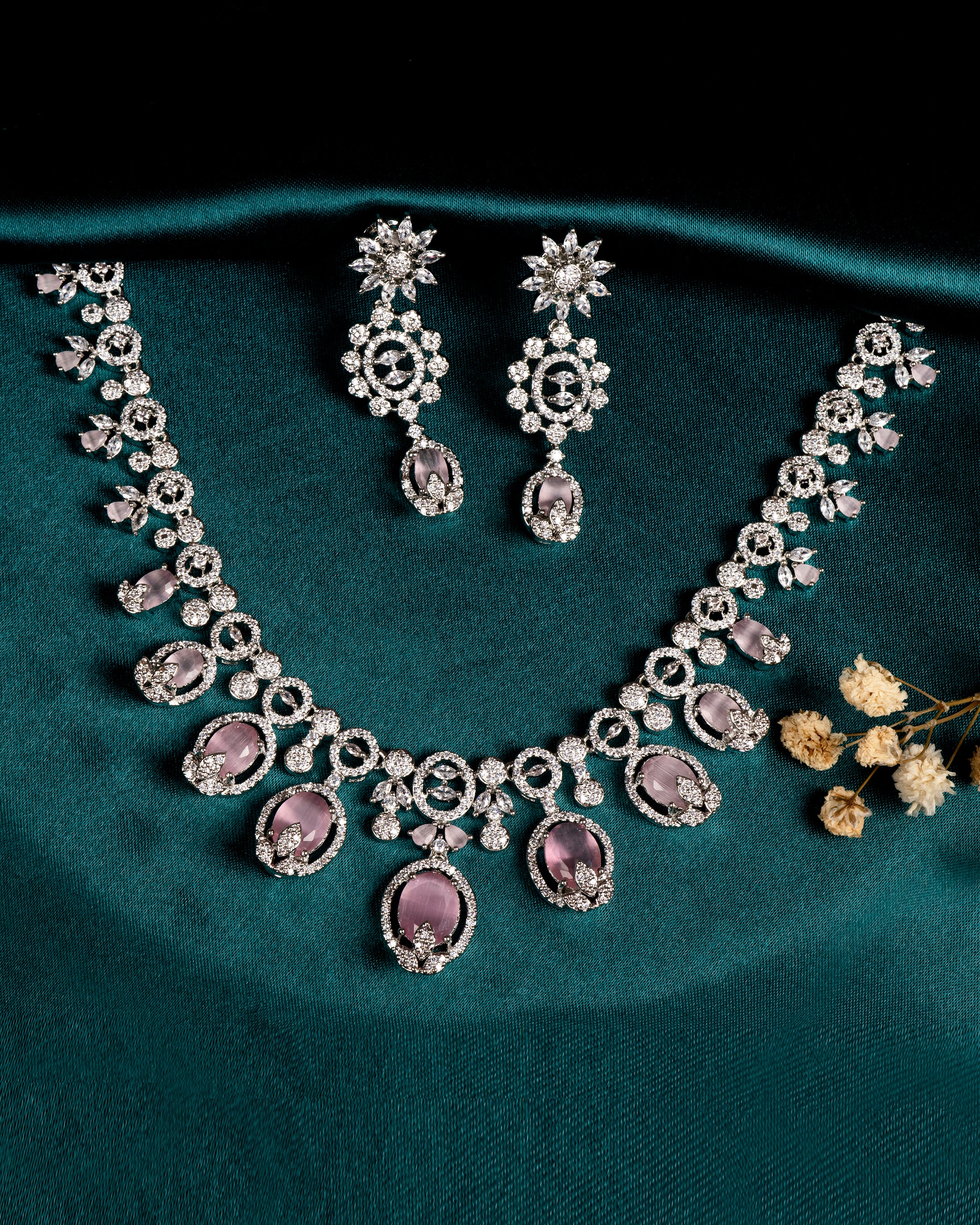VELISEA Pink Teardrop Cubic Zirconia American Diamond Necklace Set | Statement Jewelry for Women