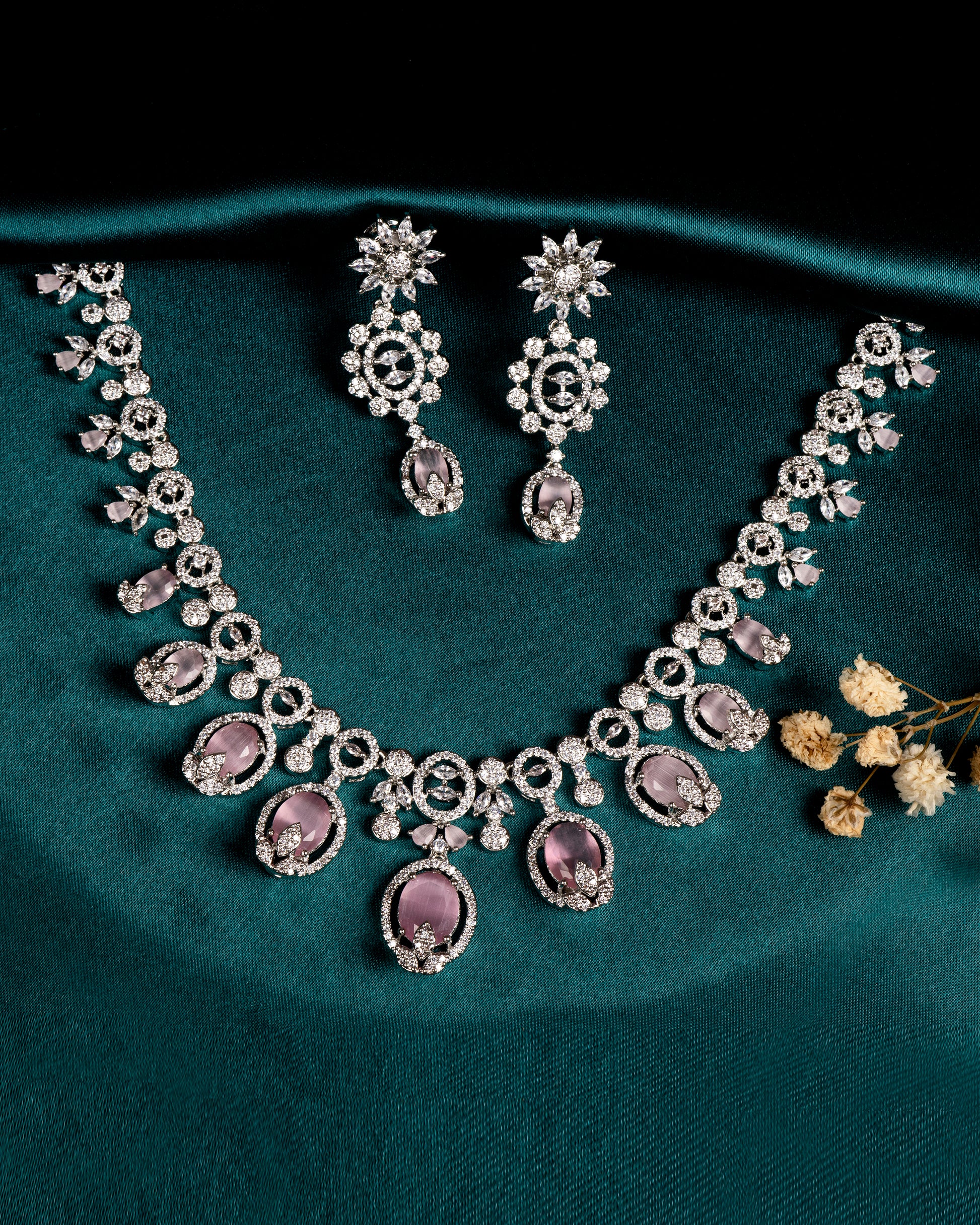VELISEA Pink Teardrop Cubic Zirconia American Diamond Necklace Set | Statement Jewelry for Women