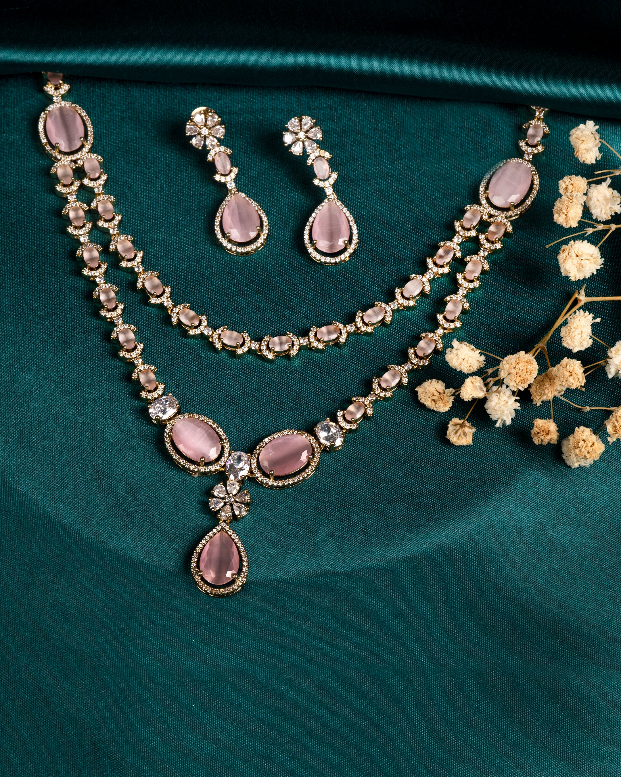 VELISEA Blush Pink Teardrop Cubic Zirconia American Diamond Necklace Set for Women | Elegant Bridal & Party Jewelry