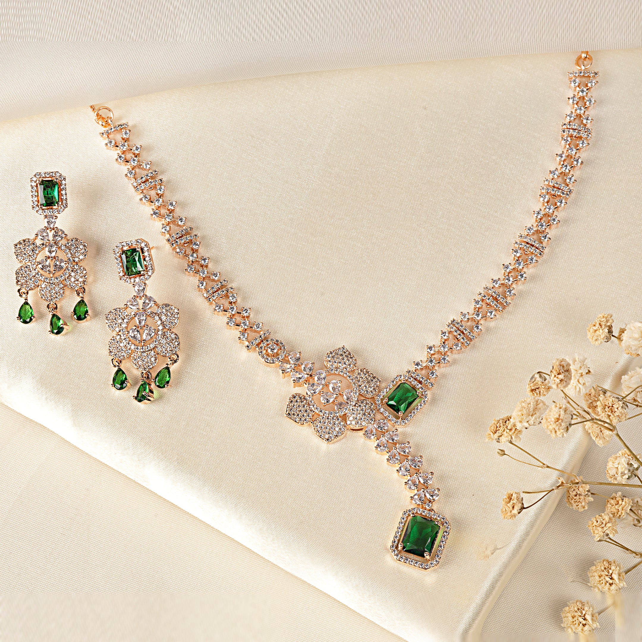 VELISEA Luxe Emerald Necklace & Earrings Set | Designer Fashion Jewellery for Women