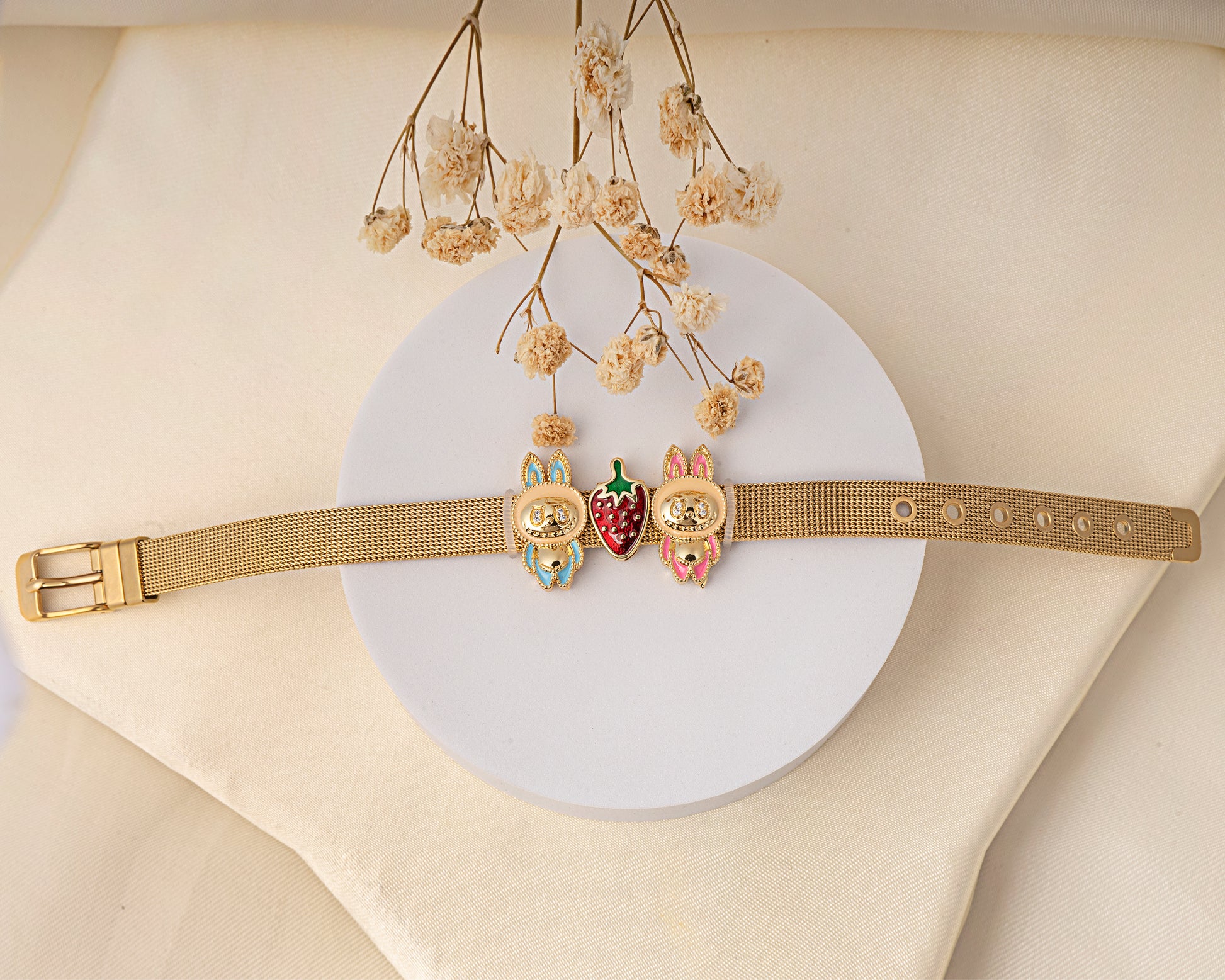 VELISEA Gold-Plated Labubu Charm Bracelet for Women | Premium Strawberry Designer Fashion Jewellery