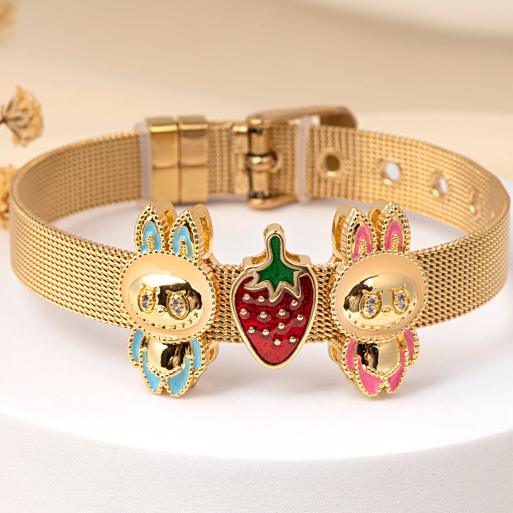 VELISEA Gold-Plated Labubu Charm Bracelet for Women | Premium Strawberry Designer Fashion Jewellery