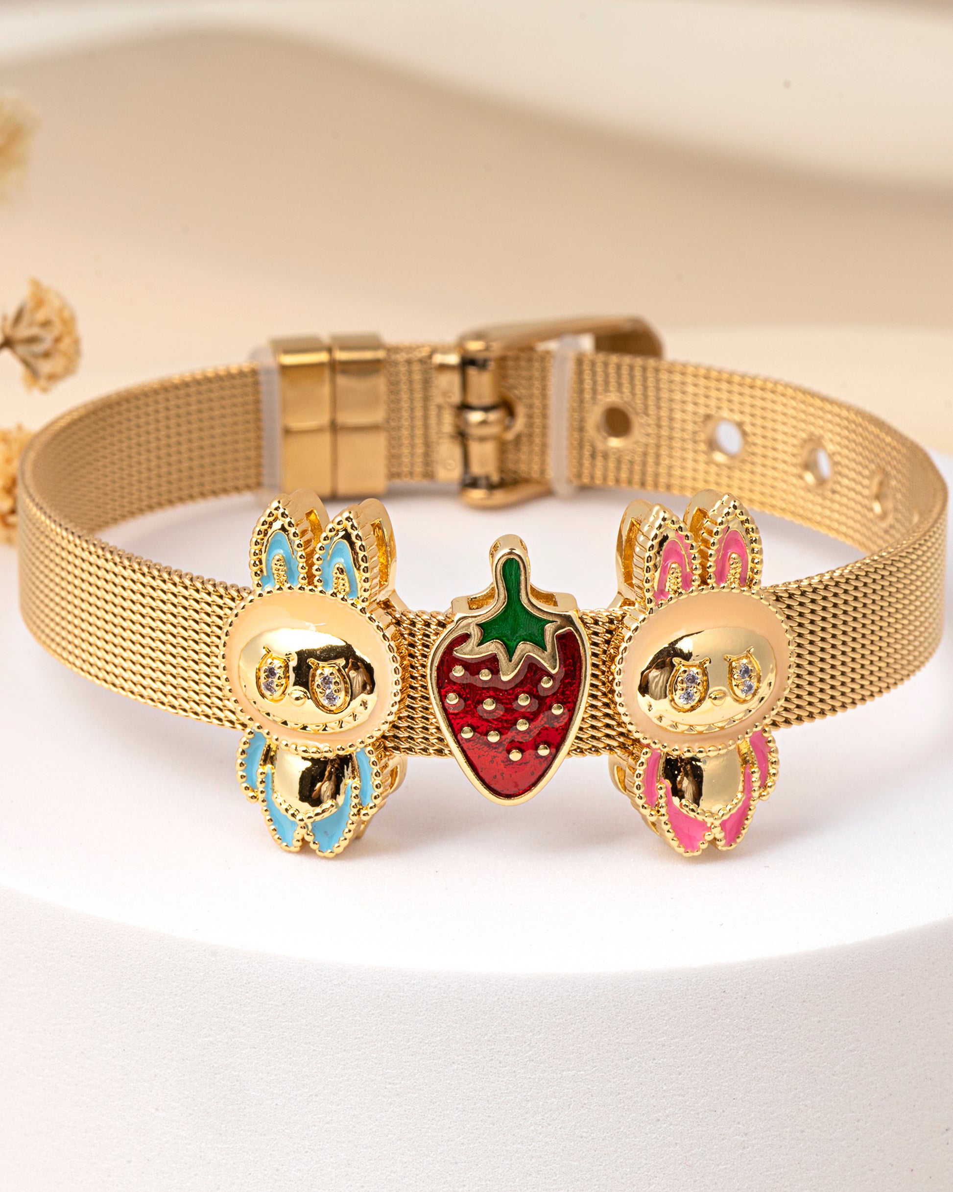 VELISEA Gold-Plated Labubu Charm Bracelet for Women | Premium Strawberry Designer Fashion Jewellery
