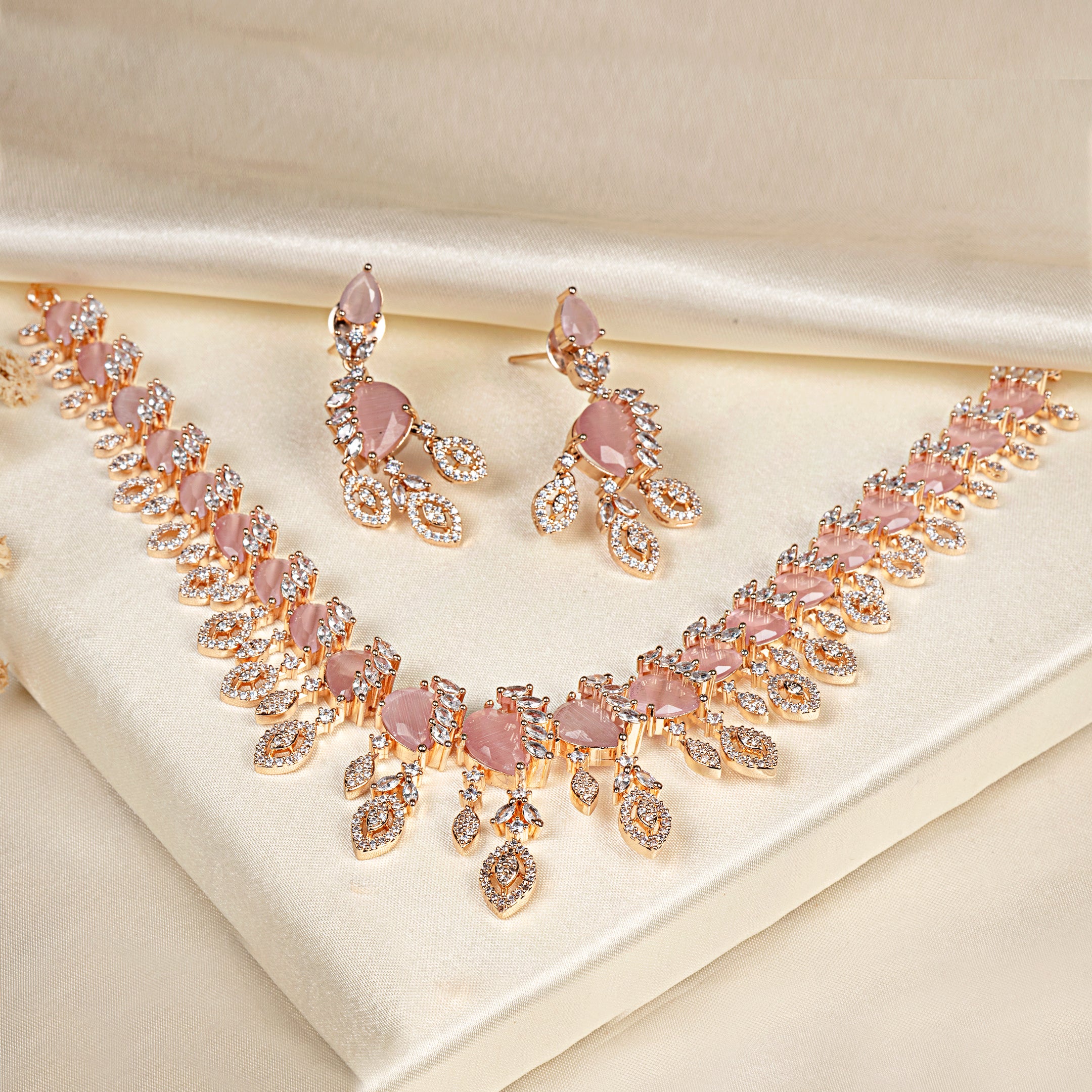 VELISEA Elegant Pink Teardrop Crystal Necklace Set | American Diamond Jewelry for Wedding & Party Wear