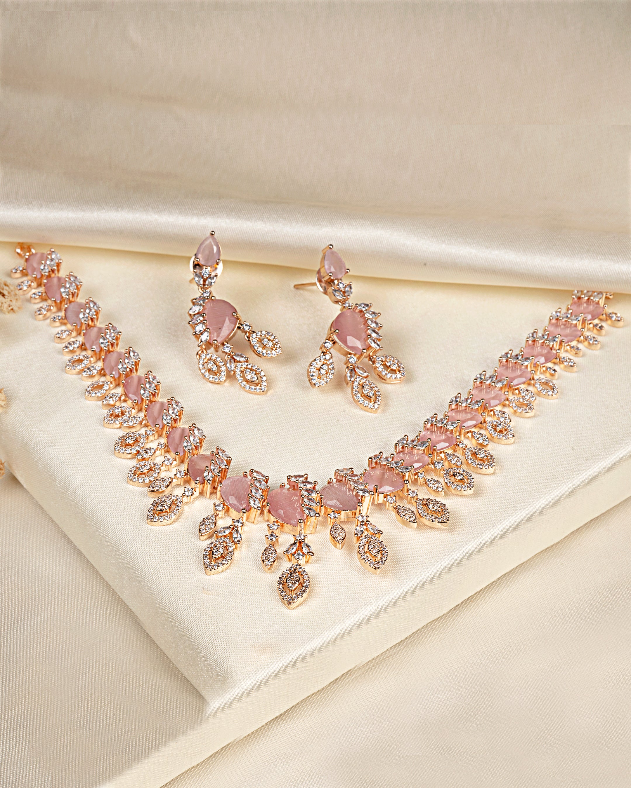 VELISEA Elegant Pink Teardrop Crystal Necklace Set | American Diamond Jewelry for Wedding & Party Wear