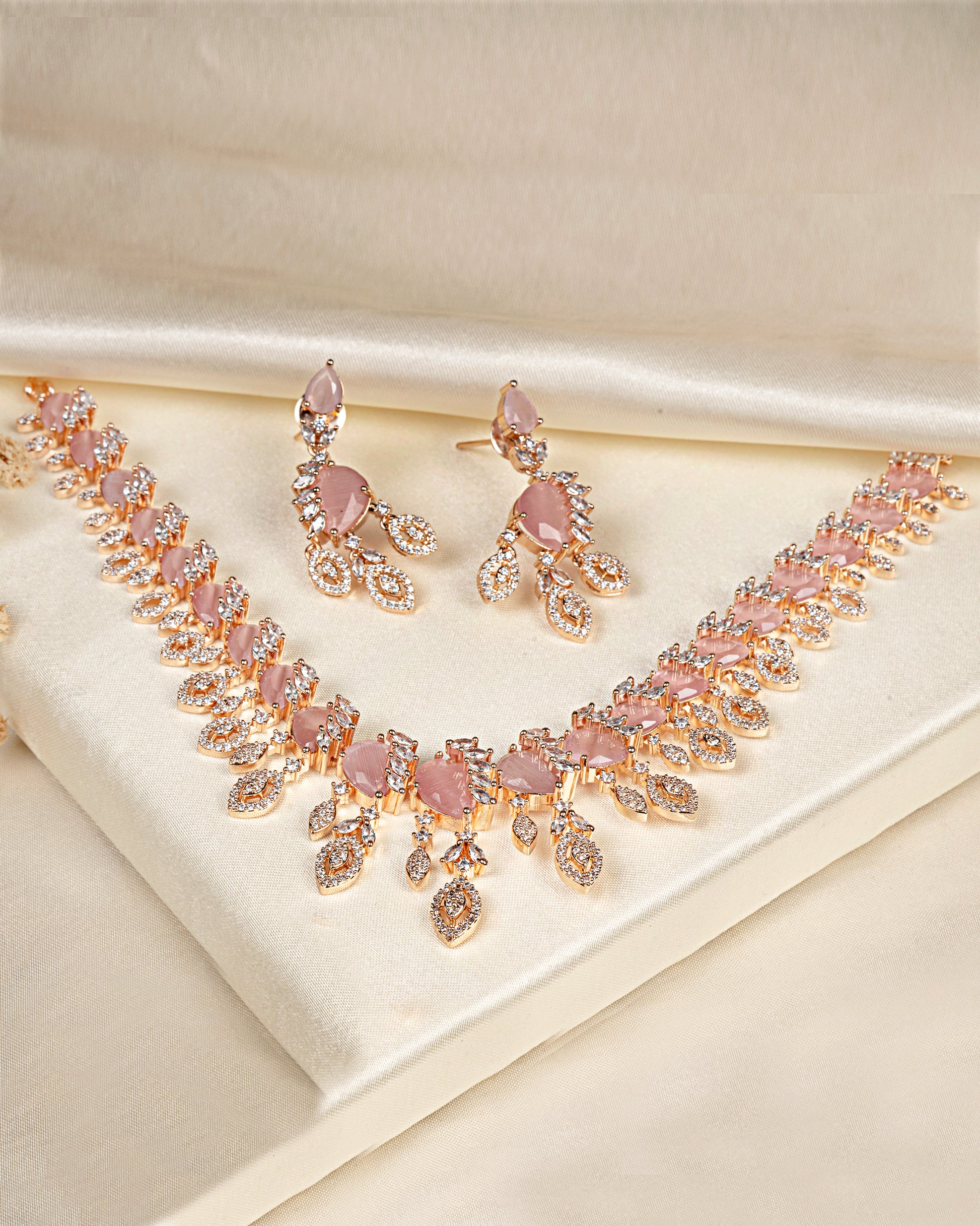 VELISEA Elegant Pink Teardrop Crystal Necklace Set | American Diamond Jewelry for Wedding & Party Wear