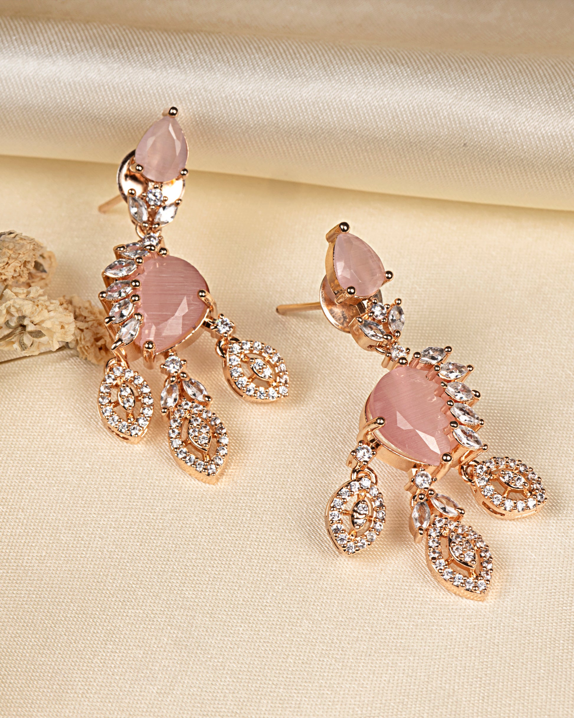 VELISEA Elegant Pink Teardrop Crystal Necklace Set | American Diamond Jewelry for Wedding & Party Wear