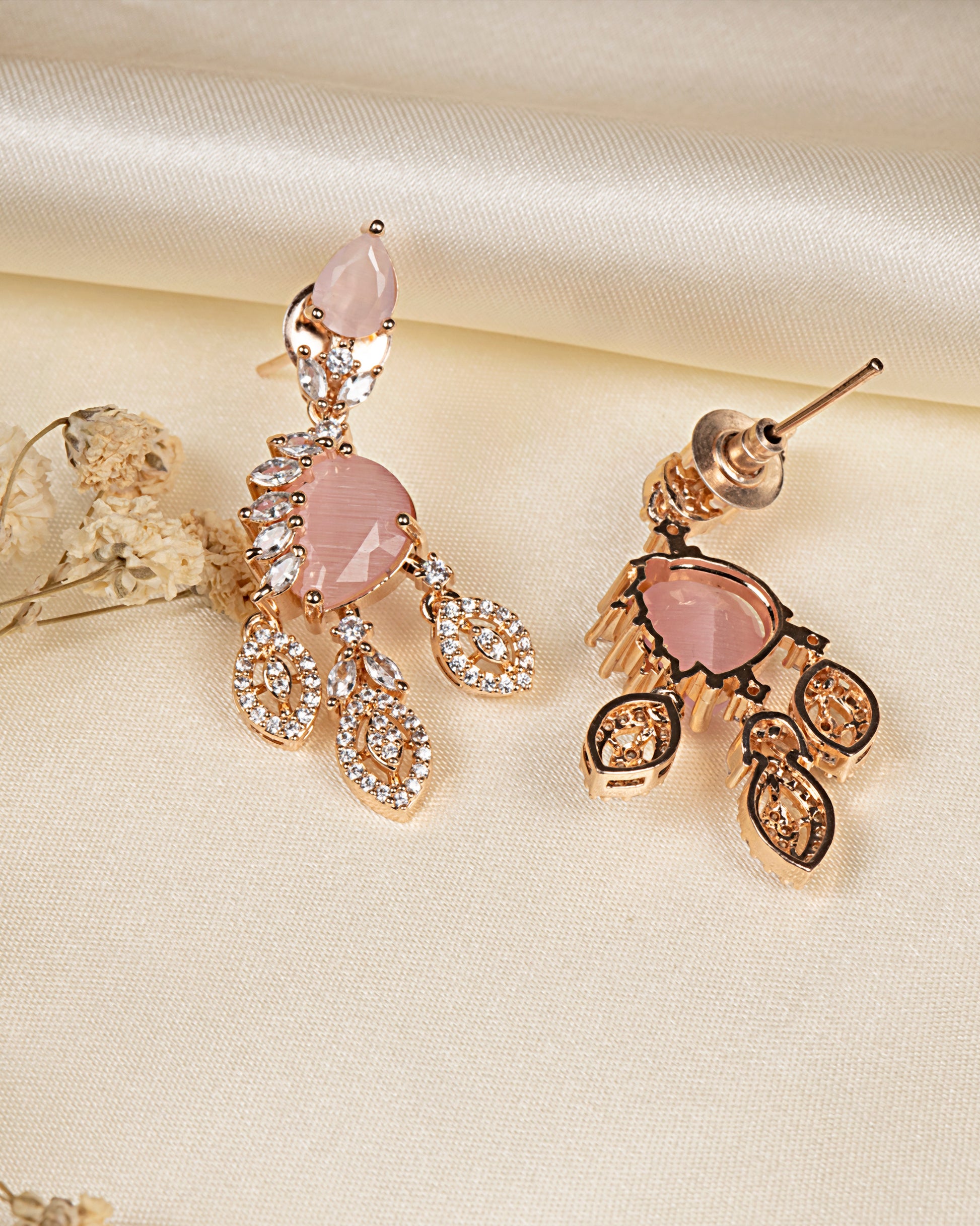 VELISEA Elegant Pink Teardrop Crystal Necklace Set | American Diamond Jewelry for Wedding & Party Wear