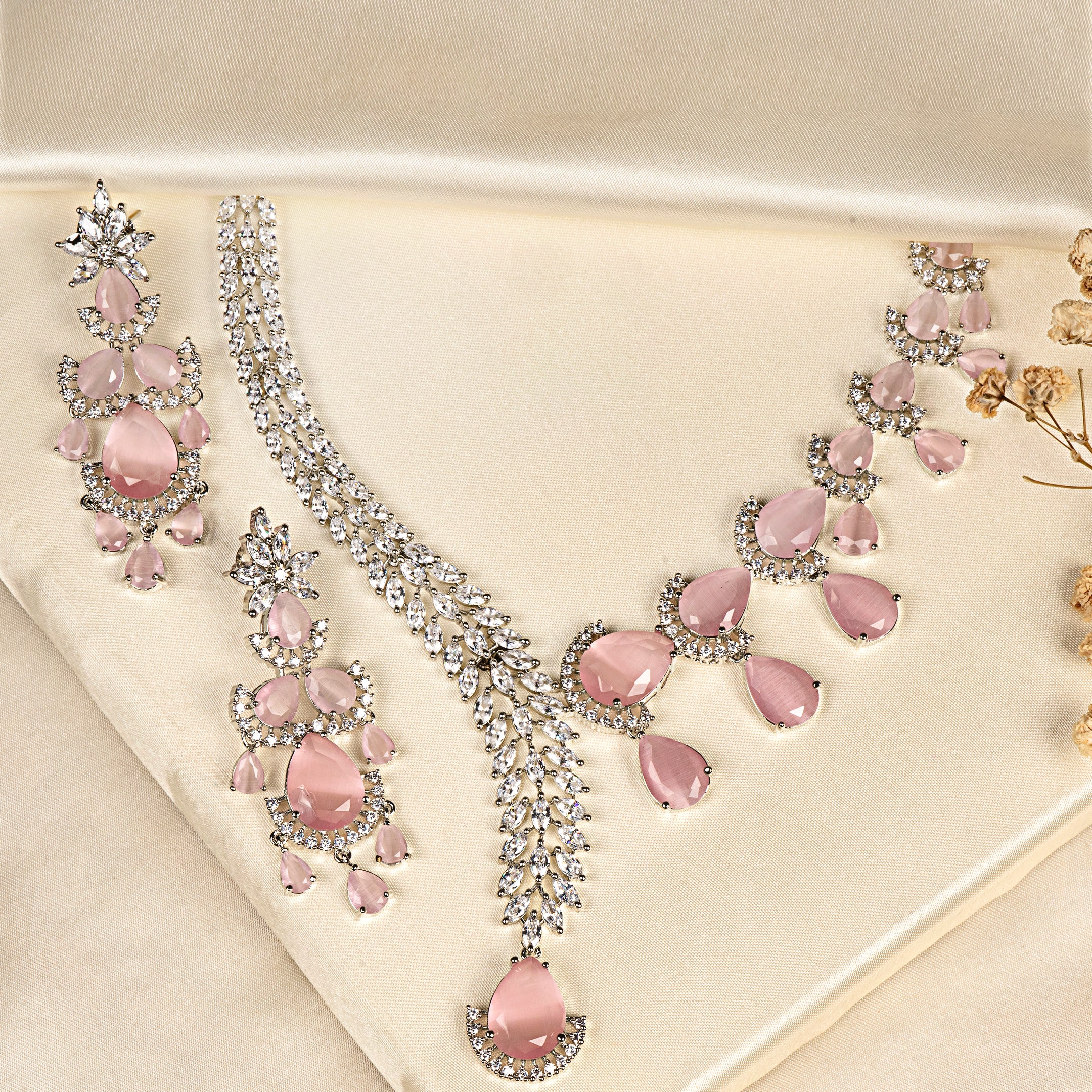 VELISEA Pink Teardrop Cubic Zirconia American Diamond Necklace Set | Statement Jewelry for Women